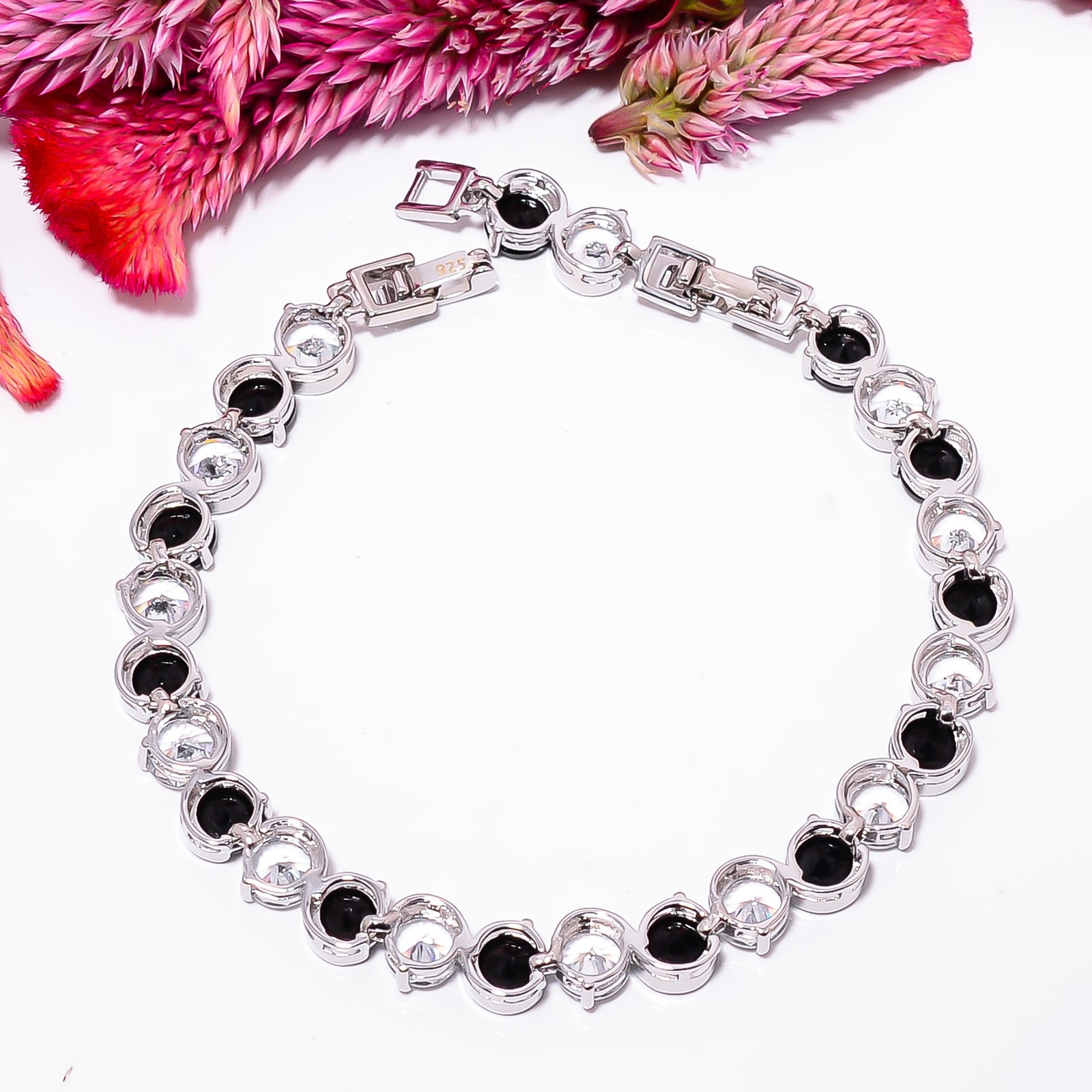 Black Onyx, White Topaz 925 Sterling Silver Tennis Bracelet B129135