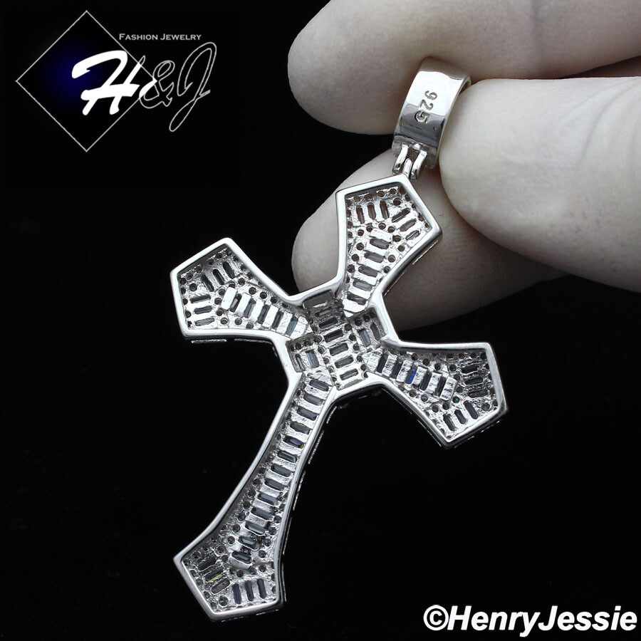 MEN SOLID 925 STERLING SILVER ICY BLING BAGUETTE CZ SILVER CROSS PENDANT*SP313