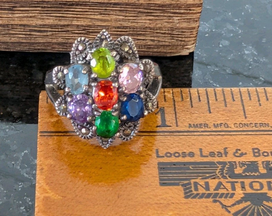 925 STERLING SILVER SZ 6.5 MULTI COLOR STONES FLORAL RING MARCASITE