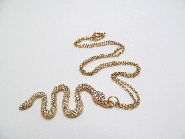 Gold Tone Crystal Snake Serpent Pendant on Oval Link Chain Necklace 19 Inch