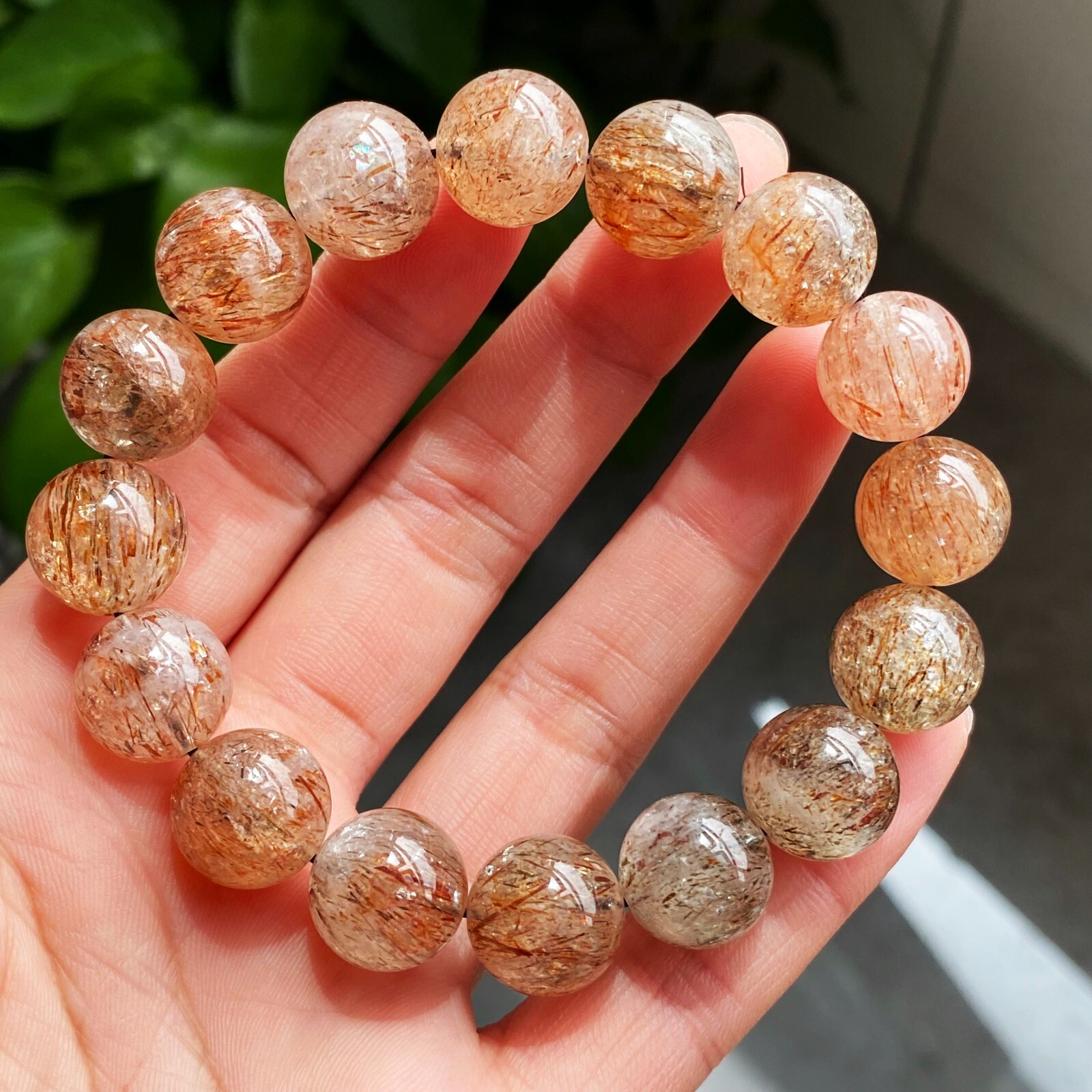 13.1mm Natural Red Gold Rutilated Super 7 Quartz Crystal Beads Bracelet 1701