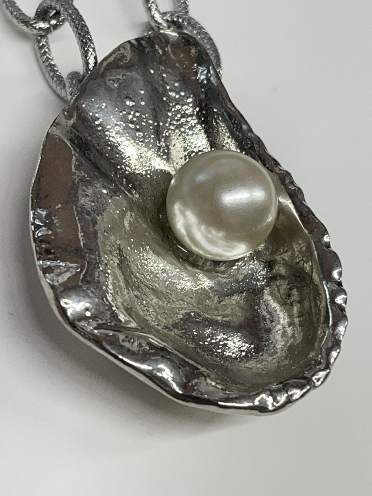 Oyster Shell Pearl Silver Necklace 18″ Stainless Brushed Link Chain Coastal NEW