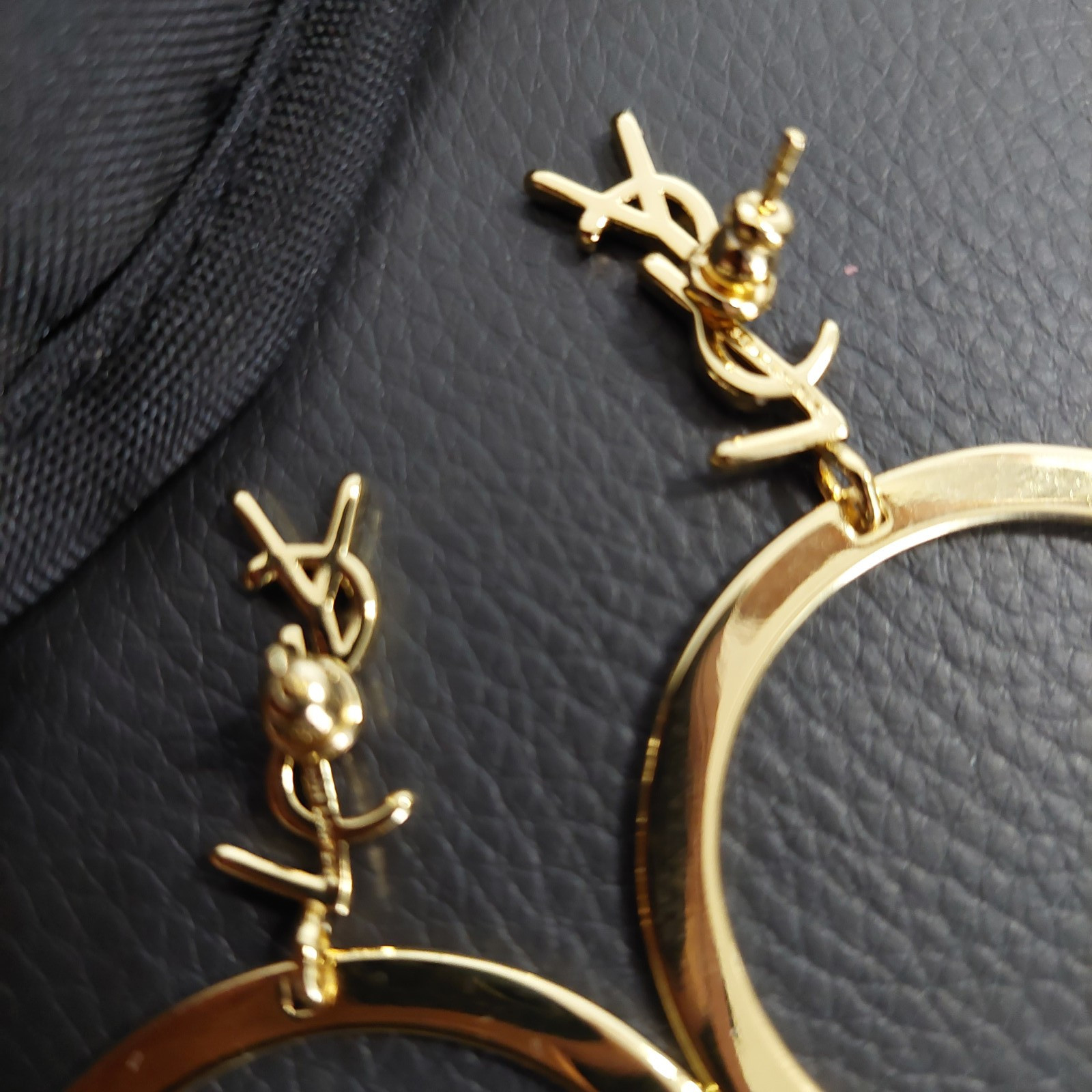 Auth. YVES SAINT LAURENT YSL LOGO Large Dangle HOOP EARRINGS Gold Tone