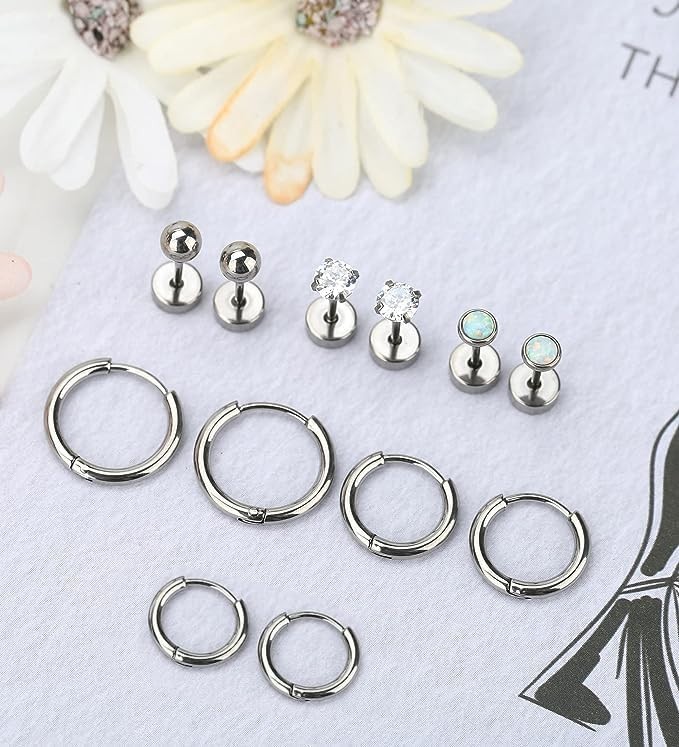 6mm-10mm Surgical Steel Huggie Hoop Earrings Flat Back Stud Set Piercing Jewelry