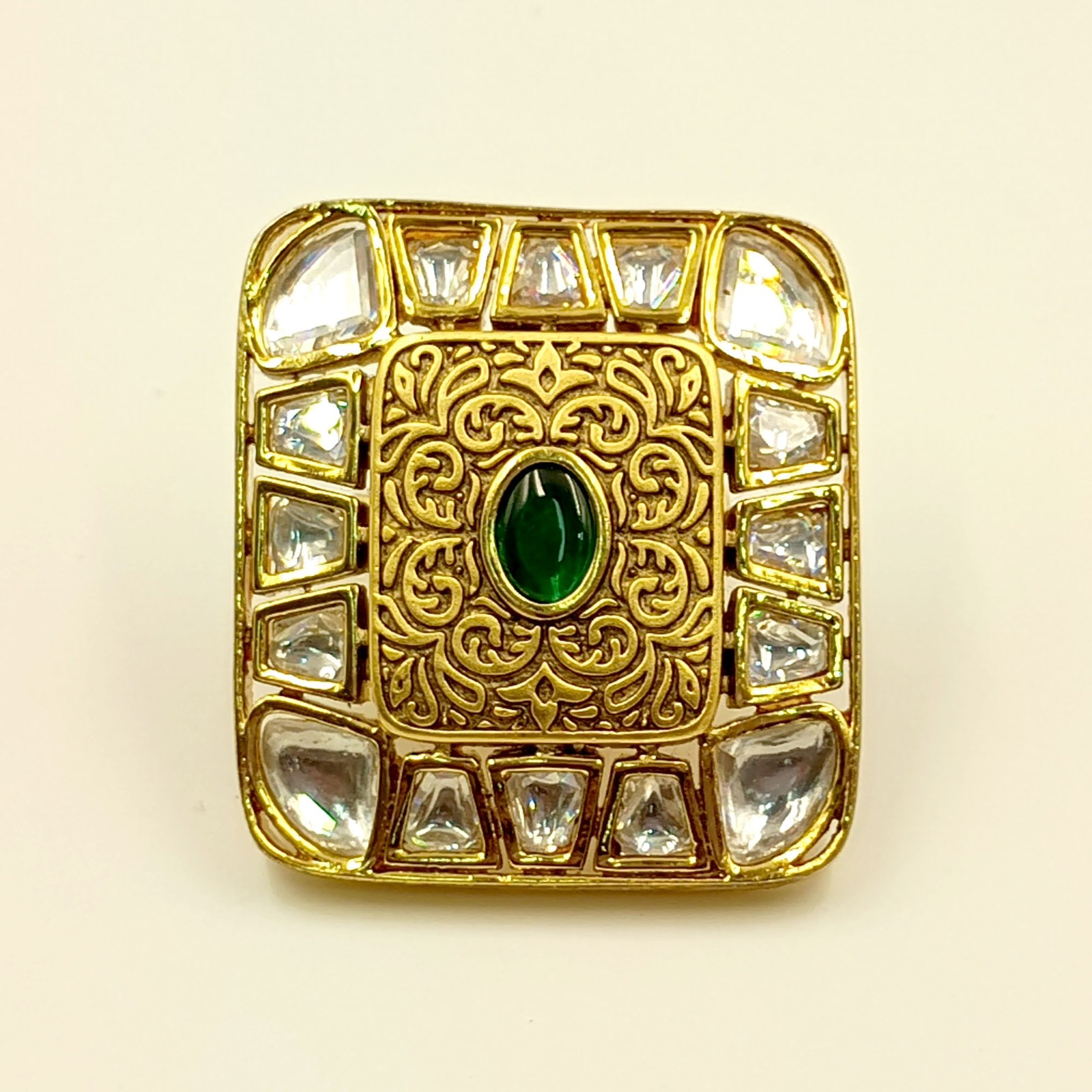 Traditional South Indian Kundan Polki Ring Green Stone CZ Handmade Gift Women