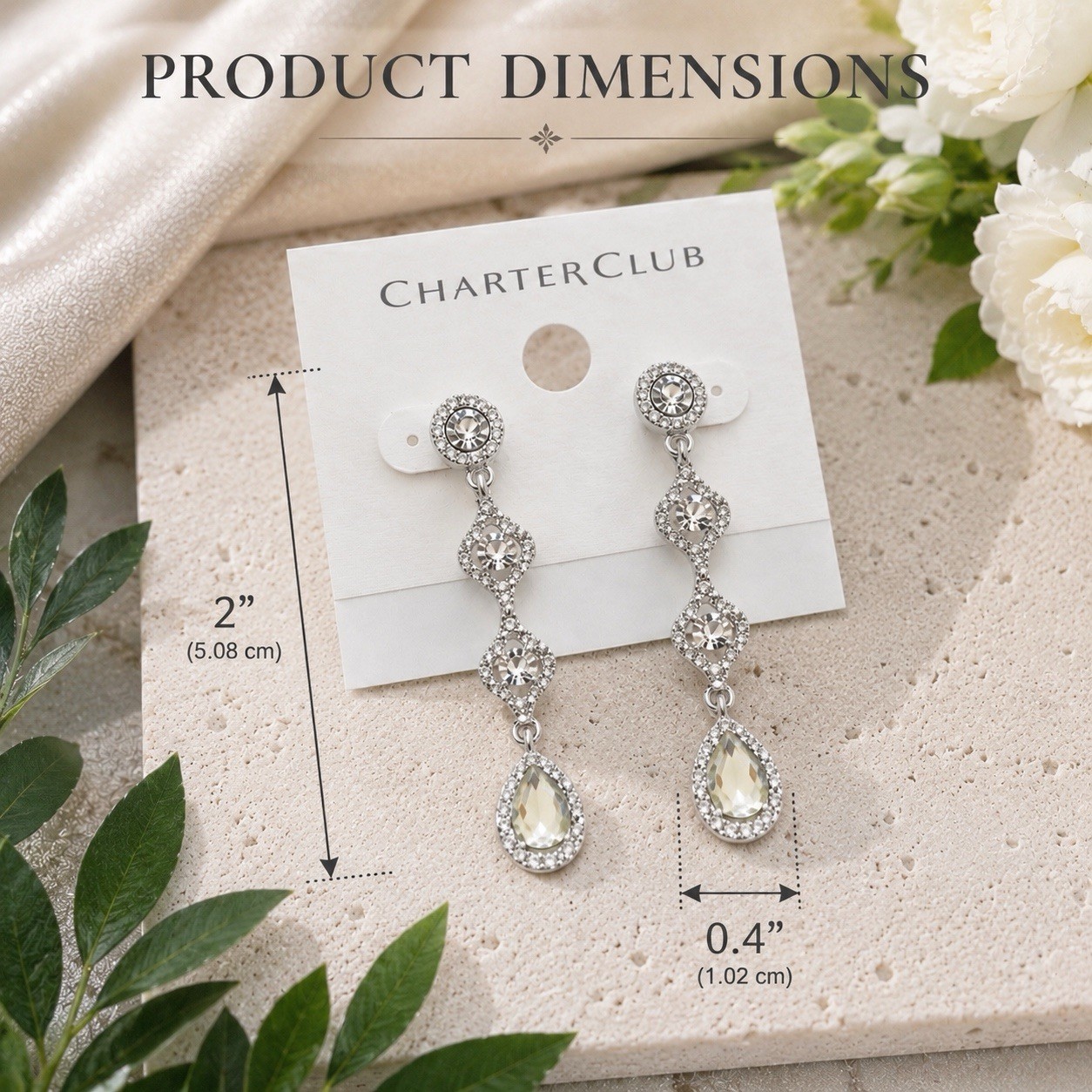 New Charter Club Sparkly Silver-Tone Teardrop Rhinestone Crystal Dangle Earrings