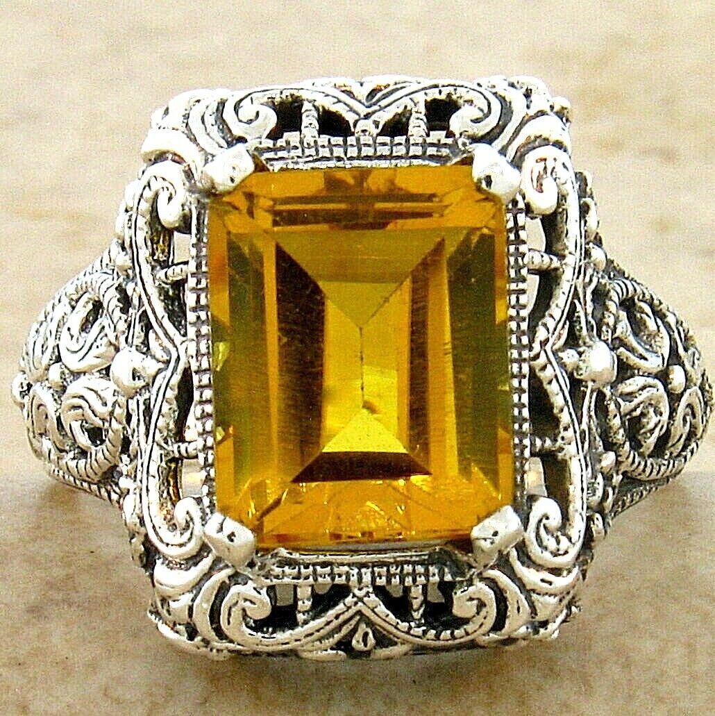 ART DECO STYLE 925 STERLING SILVER FILIGREE 3 CT LAB-CREATED CITRINE RING #381