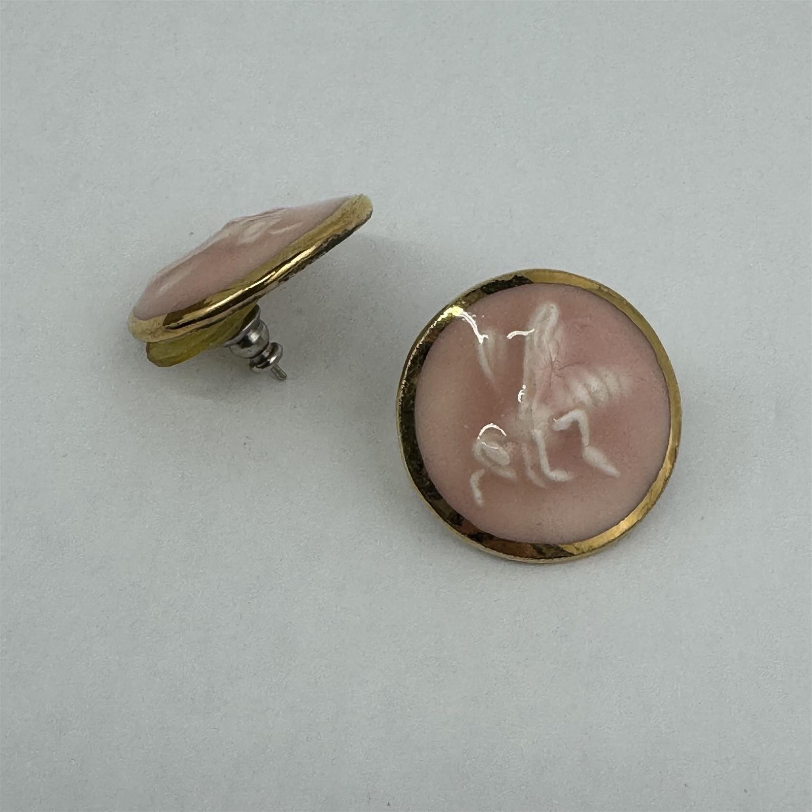 Handmade Round Pink Enamel And Ceramic Bee Stud Post Earrings