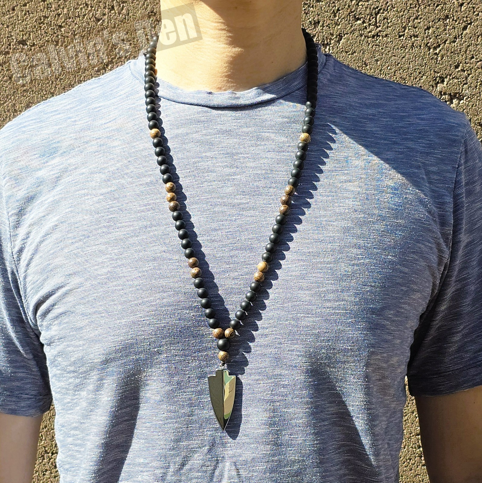 Matte Black Onyx Wenge Wood Bead Hematite Arrowhead Pendant 28” Long Necklace