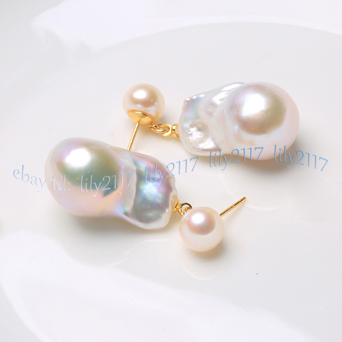 15-25MM REAL NATURAL WHITE FRESHWATER BAROQUE PEARL DANGLE GOLD STUD EARRINGS