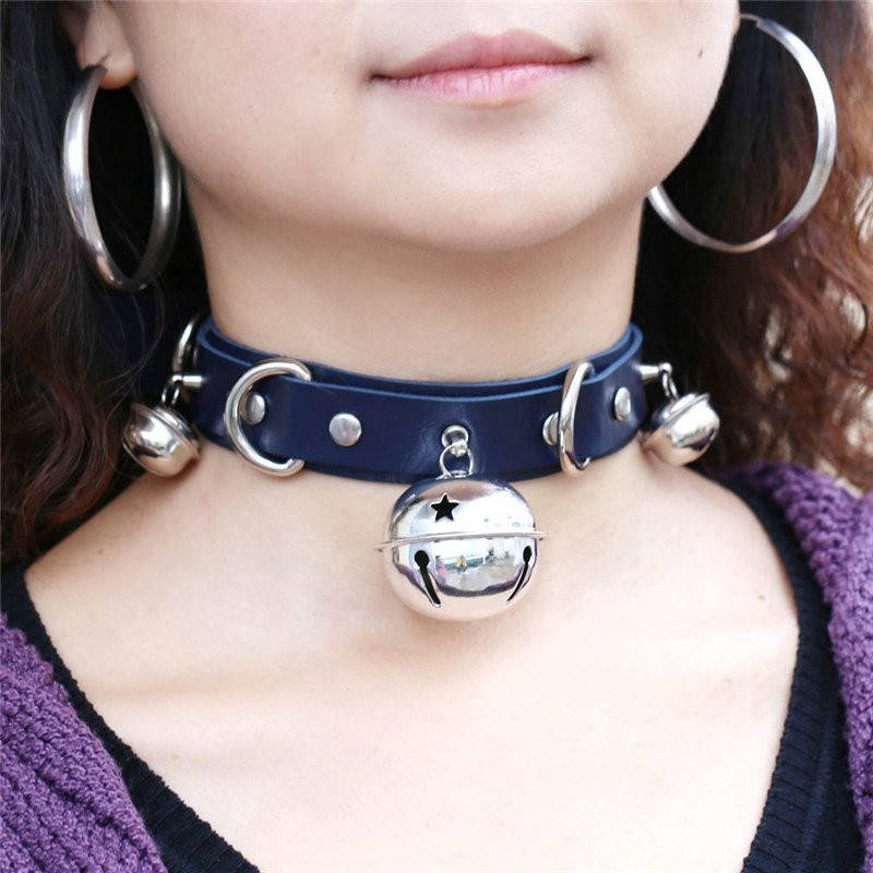 Womens Necklace Bondage Punk Gothic Choker Bell Collar Chain PU Leather