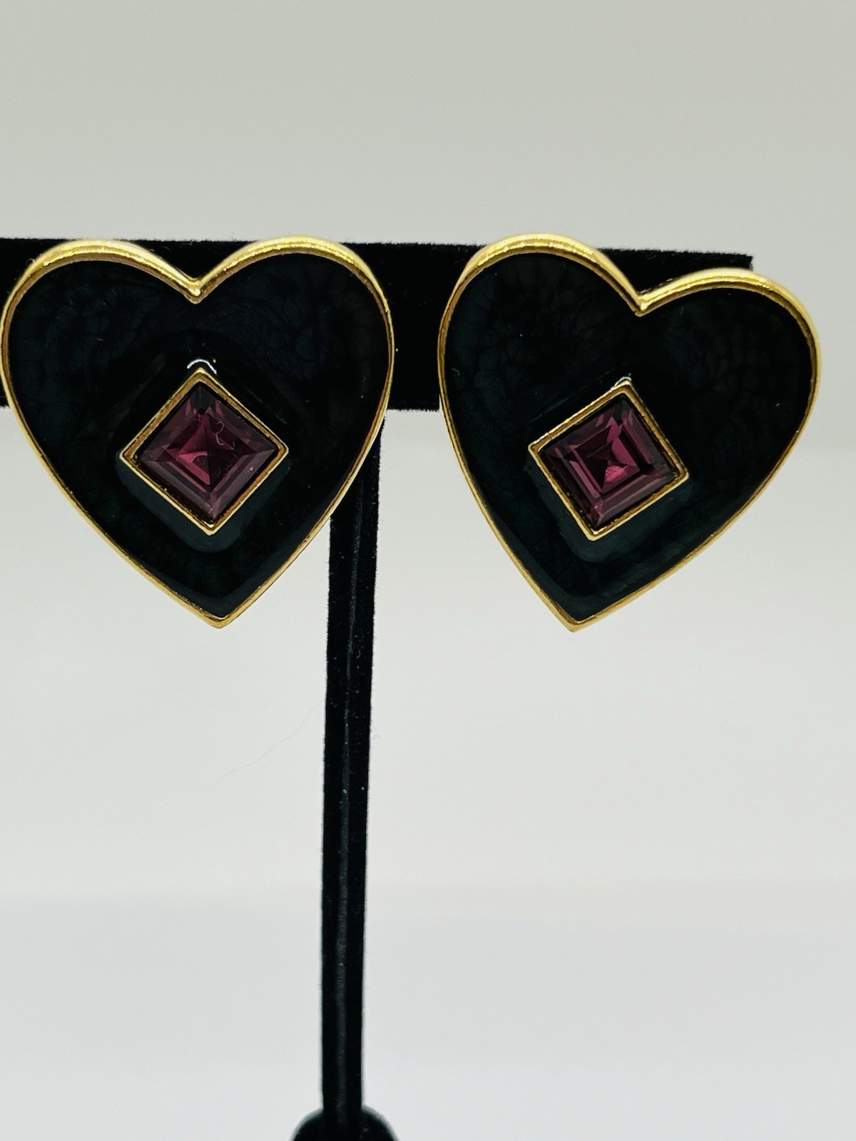 Yves Saint Laurent YSL Vintage Dark Green Heart Amethyst Diamond Clip, Earrings