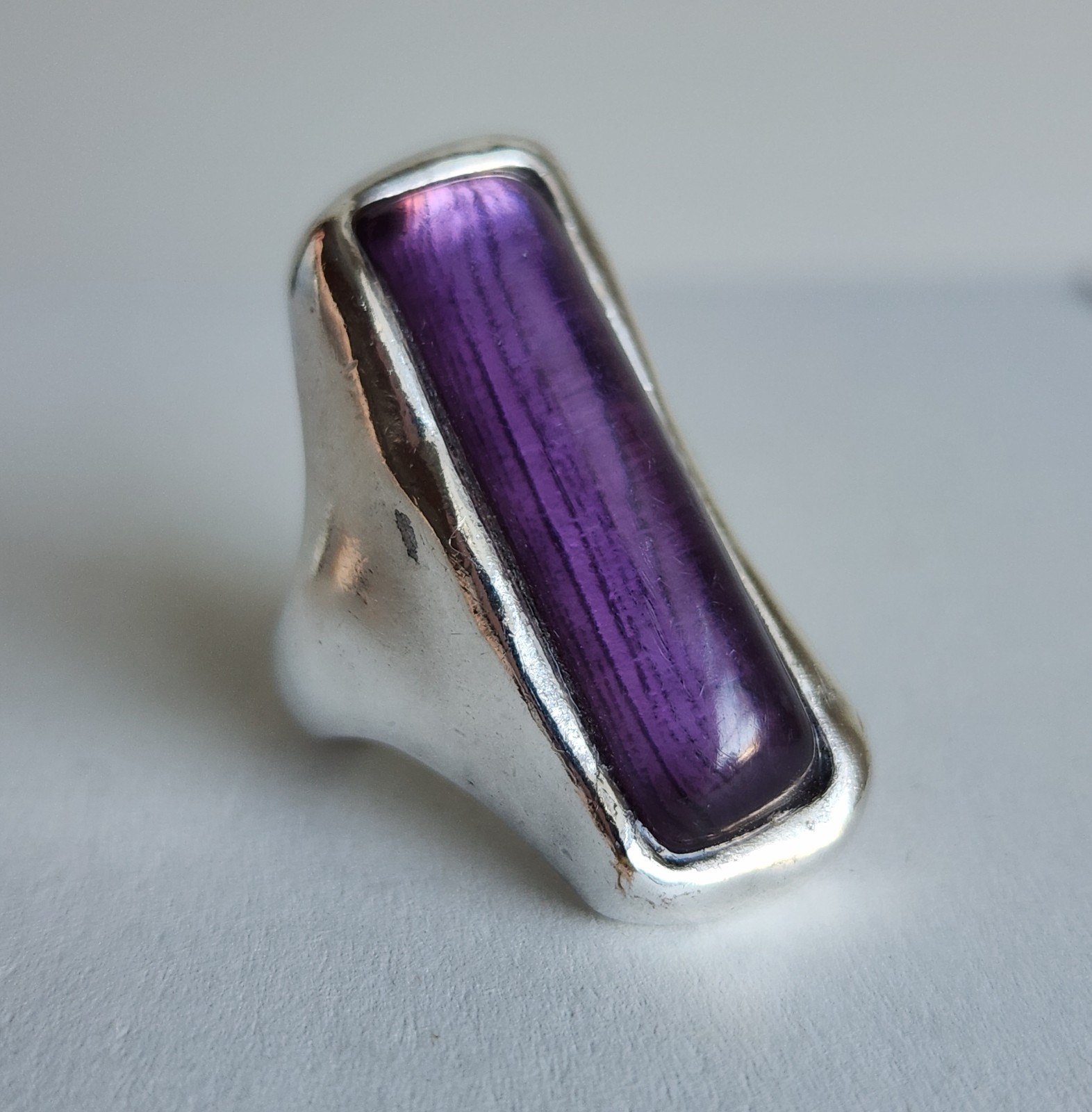 Bold Sterling Silver Statement Ring w/ Purple Cabochon Size 6.5 12.7g Marked GA