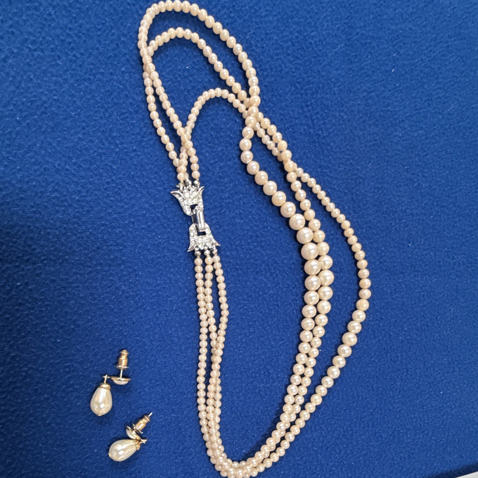 Vintage Crown Trifari 4-Strand Faux Pearl Necklace with Matching Drop Earrings