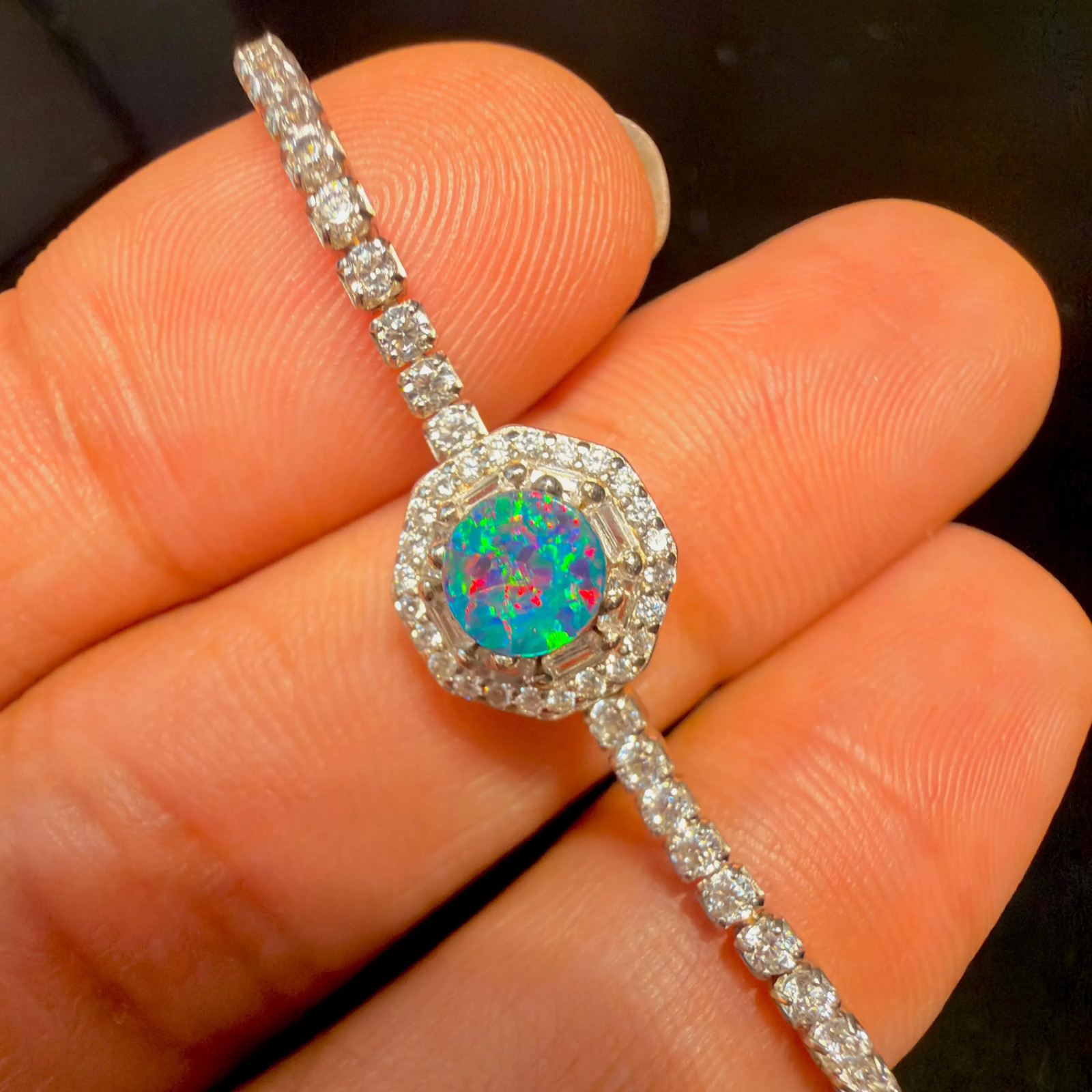 Natural Doublet Opal Tennis Bracelet, 925 Sterling Silver Cz Adjustable Jewelry