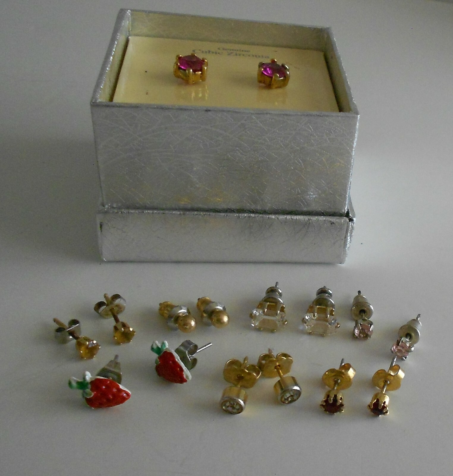 8 Pair Stud Earrings Pink Cubic Zirconia Red Enamel Strawberry