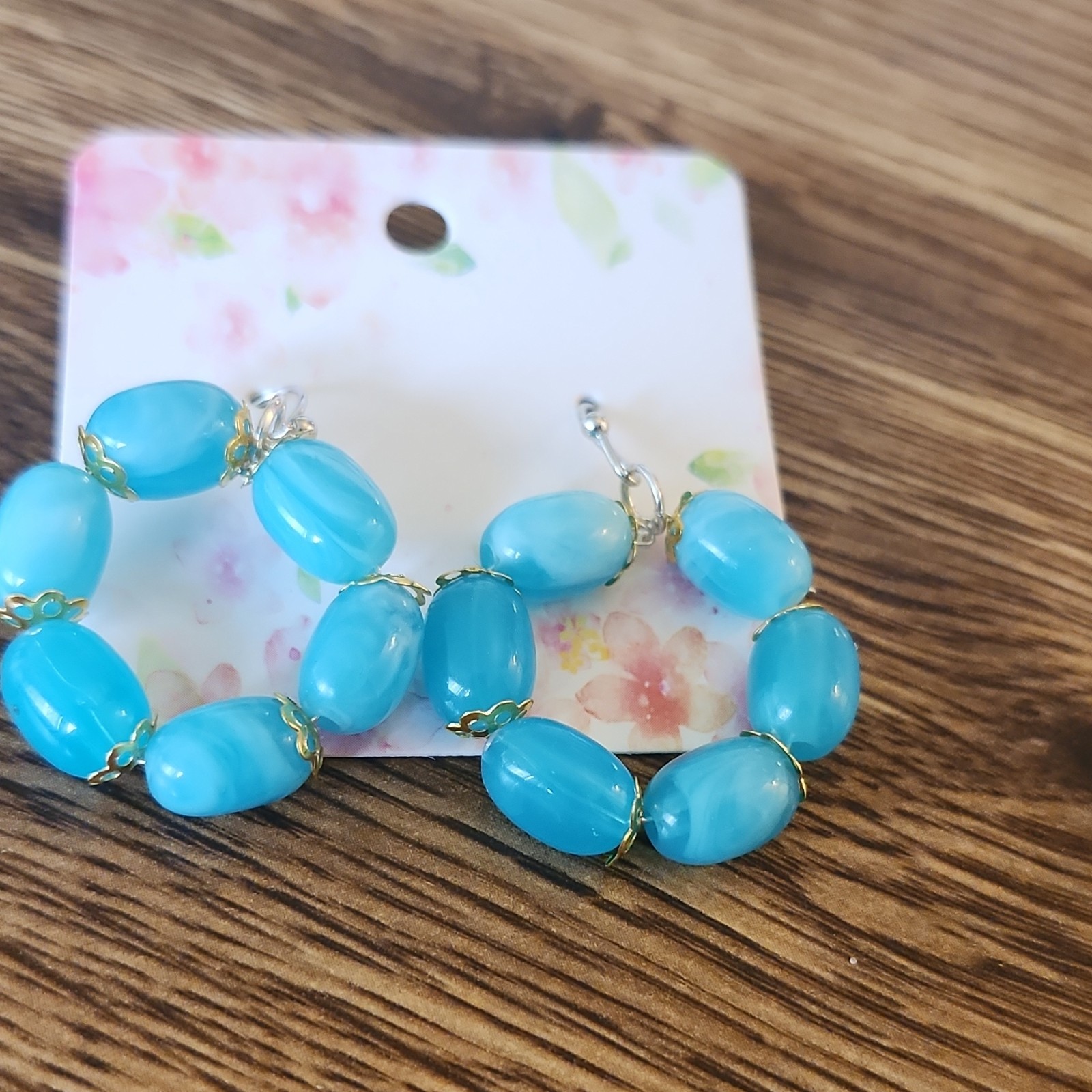 Blue Oval Beaded Metal Hoop Hook Earrings for Lobe, No Stone