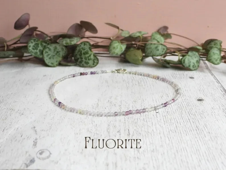 Natural Rainbow Fluorite Anklet 2mm Tiny Faceted Stone Beaded Healing Anklet