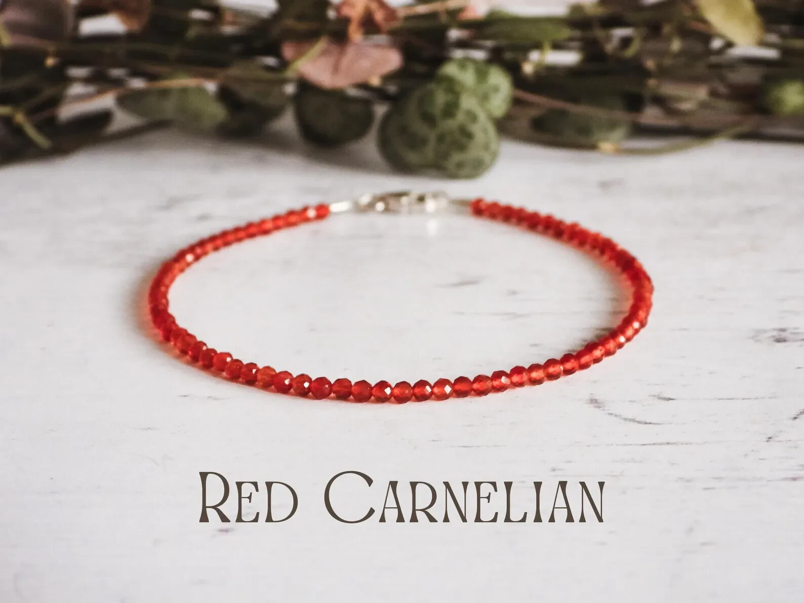 Dainty Red Carnelian Gemstone Anklet Sterling Silver, Adjustable Bracelet