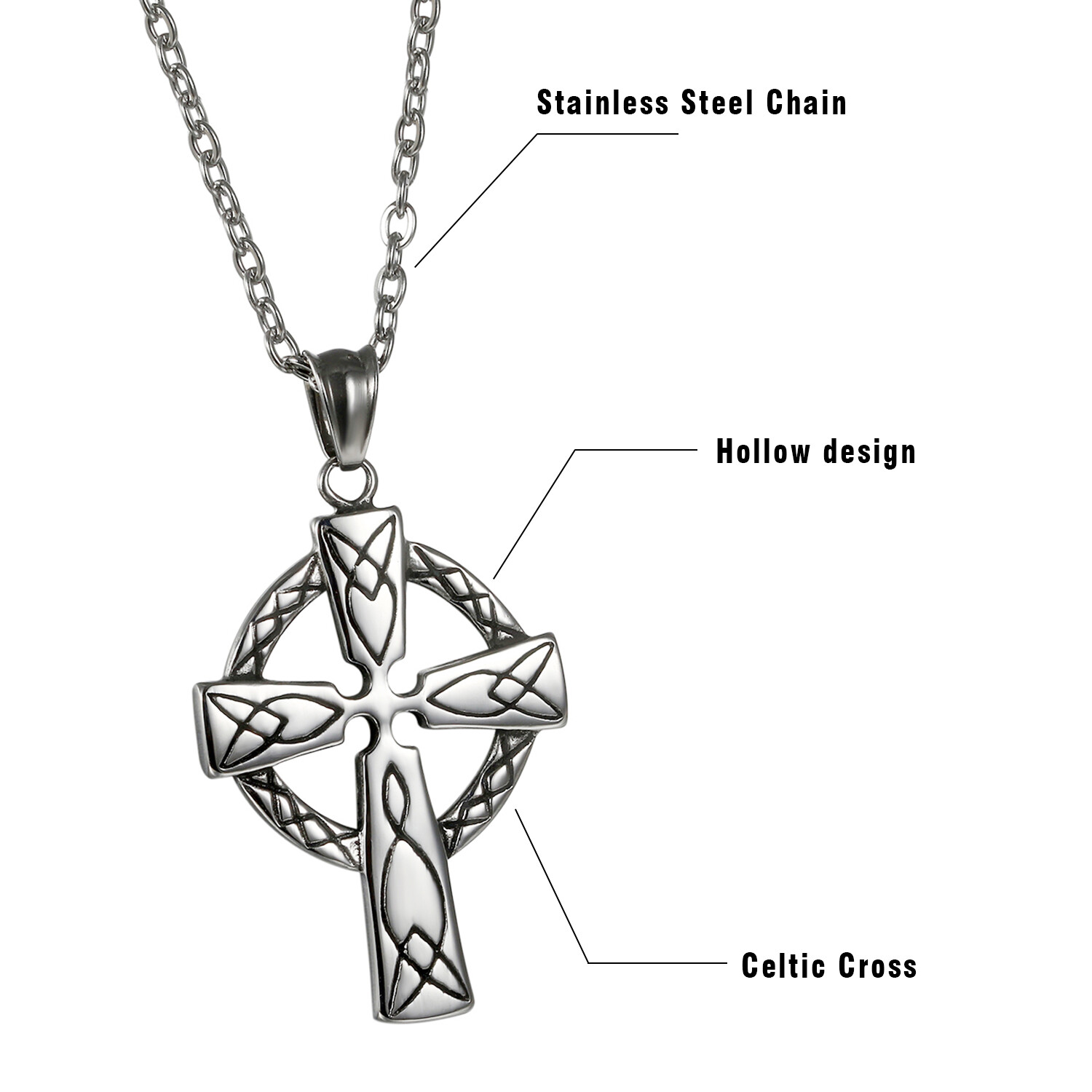 Vintage Men’s Stainless Steel Irish Celtic Knot Cross Pendant Necklace 22”