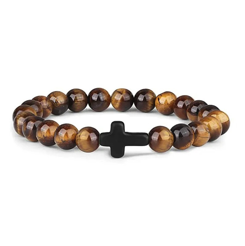 1pc Natural Stone & Wood Bead Prayer Bracelet with Cross – NEW