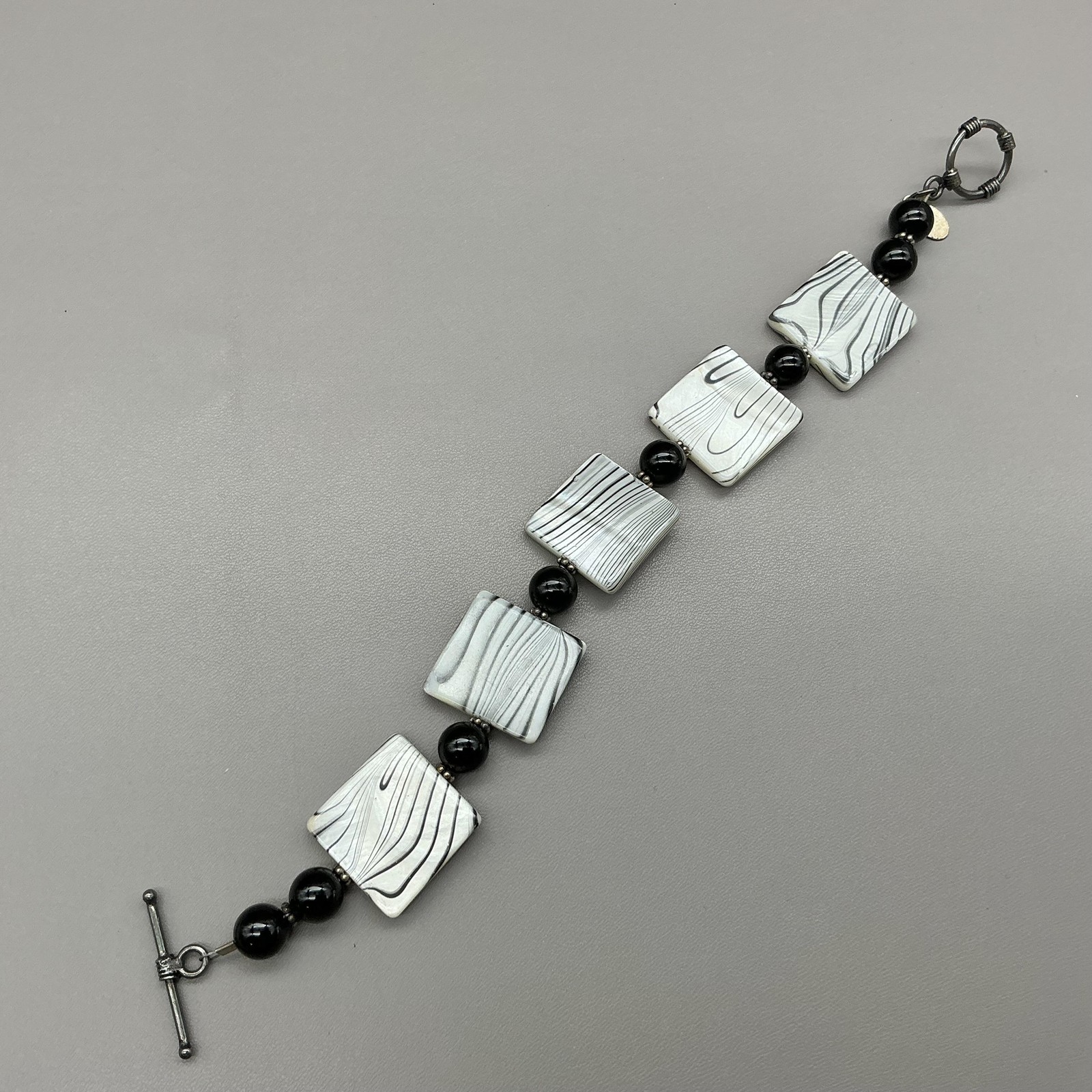 Donna Dressler Necklace Bracelet Earrings Set Black White Beaded Square Design