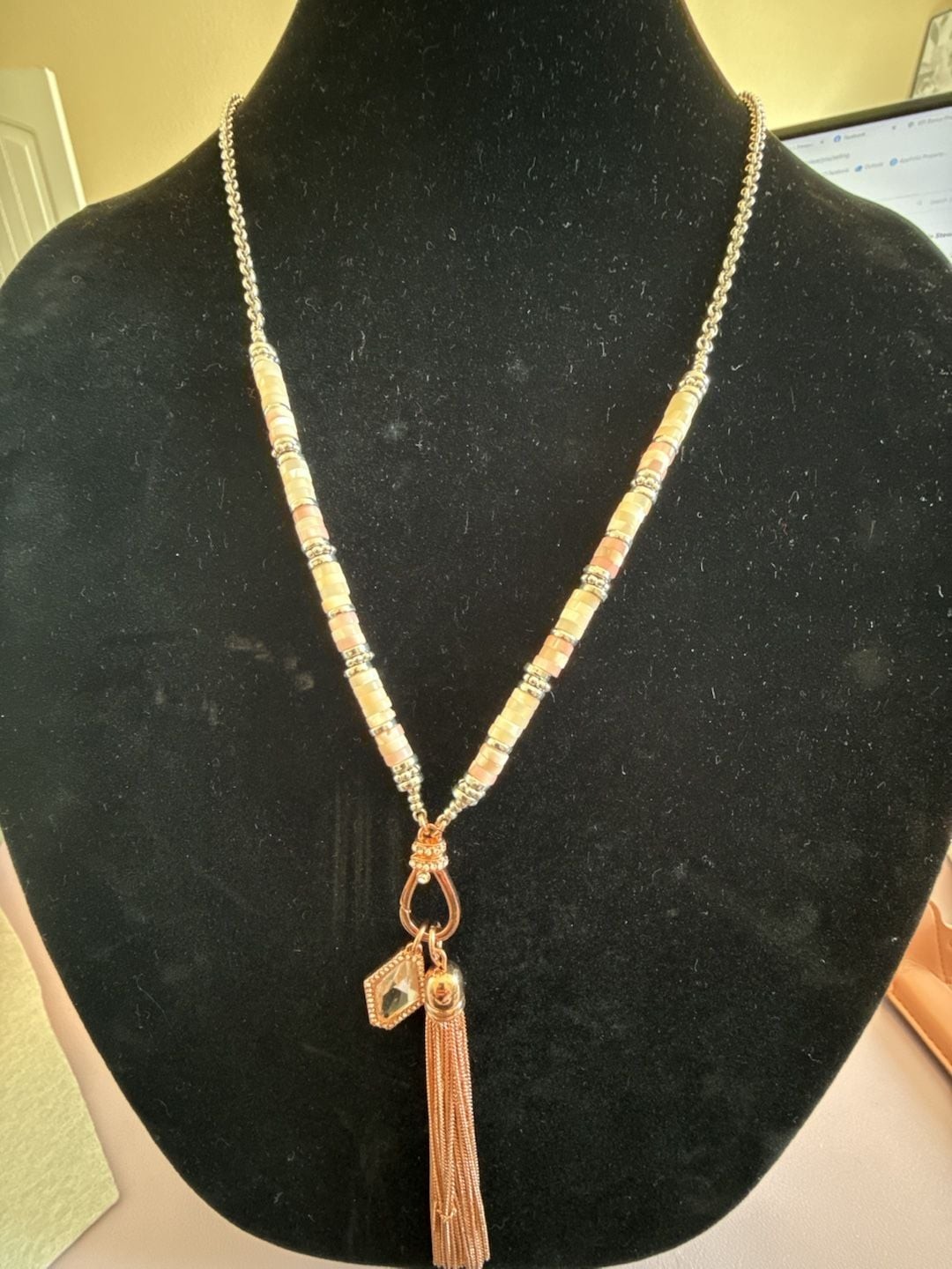 Bomb Party Original Pendant Necklace with Pink and Cream Beads and Rose Gold Ton