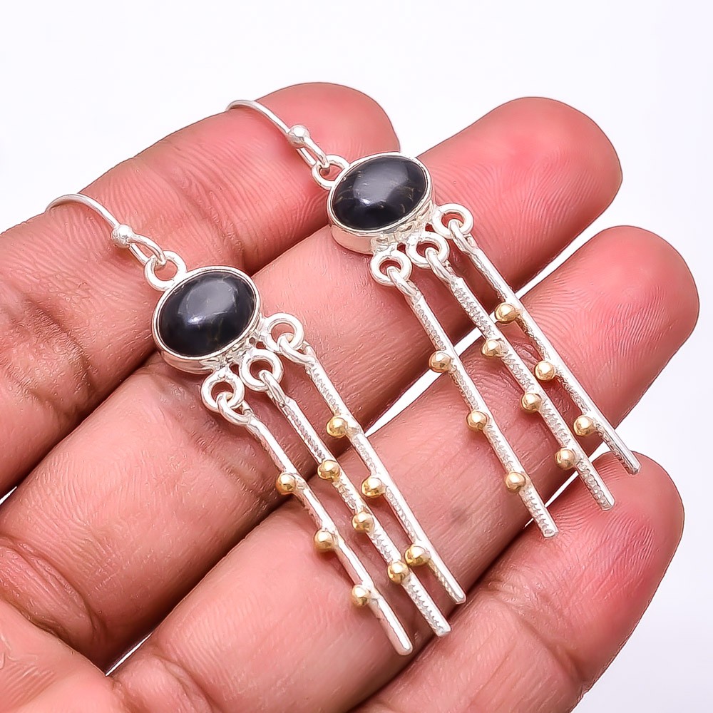 Copper Black Obsidian 925 Sterling Silver Two Tone Earring 2.15″ E_9279_233_25