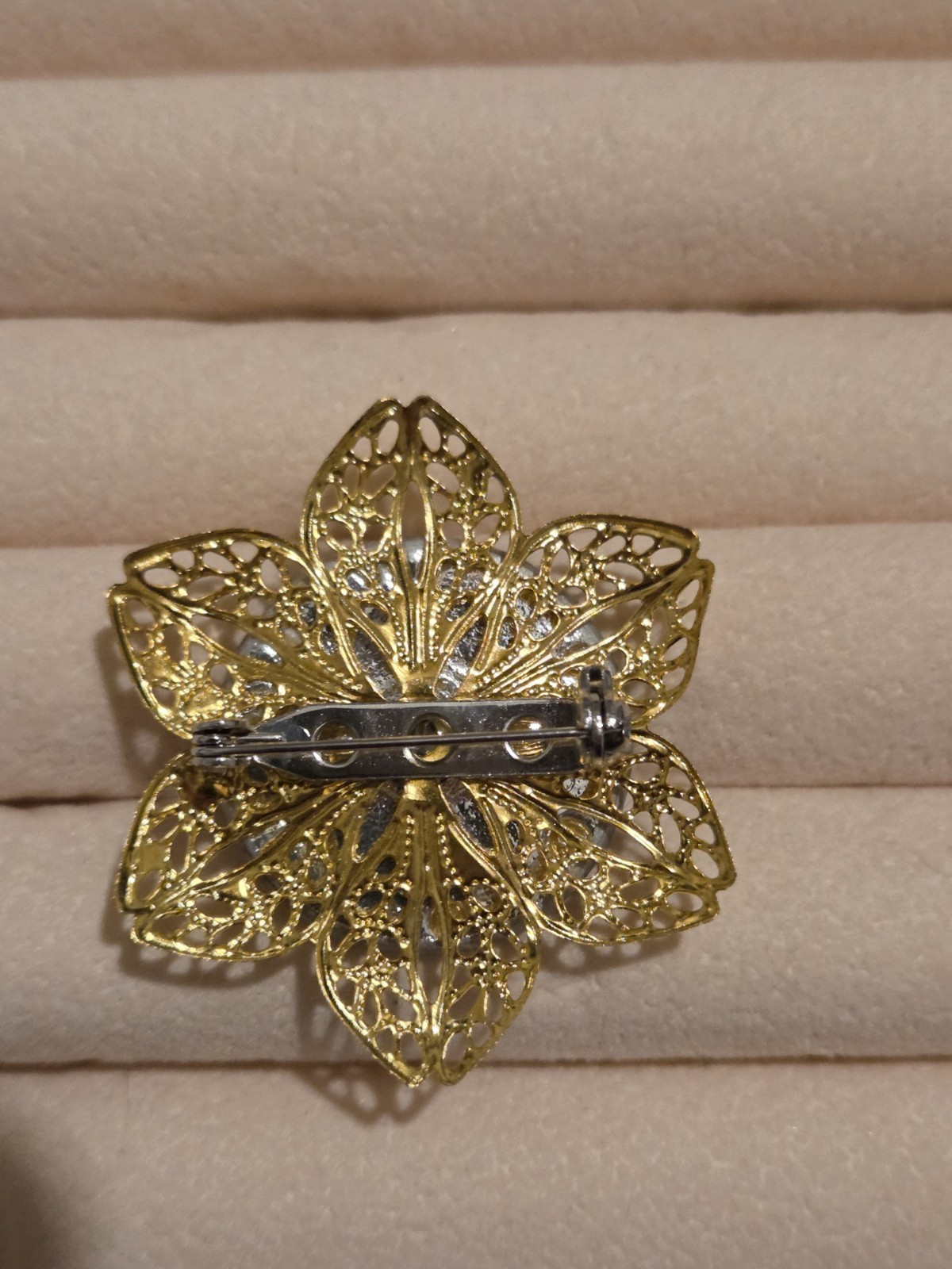 Pink, Green, And Gold Czech Glass Button On Brass Flower Brooch