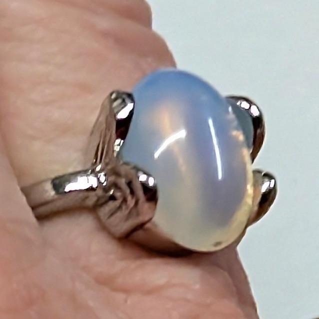 New Opalite Oval Cabochon Big Ring Plus Size 10.5 Blue SilverTone Statement Boho