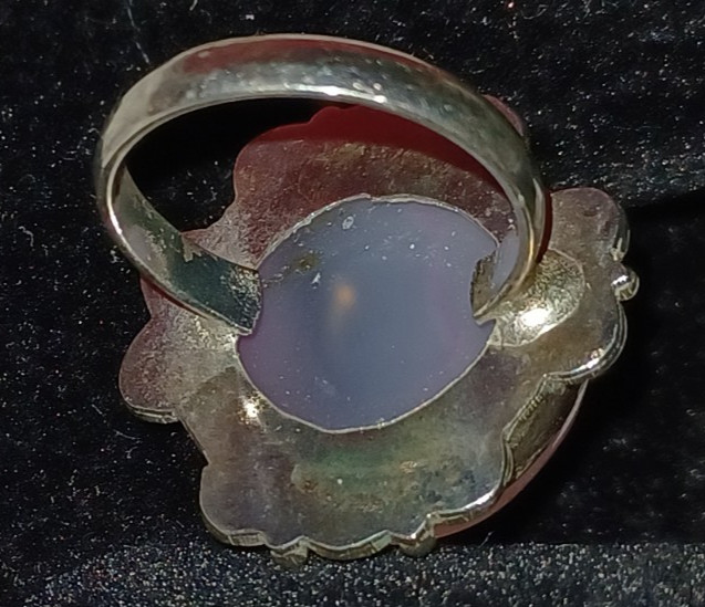 pink round stone cabochon silver ring approx size 5