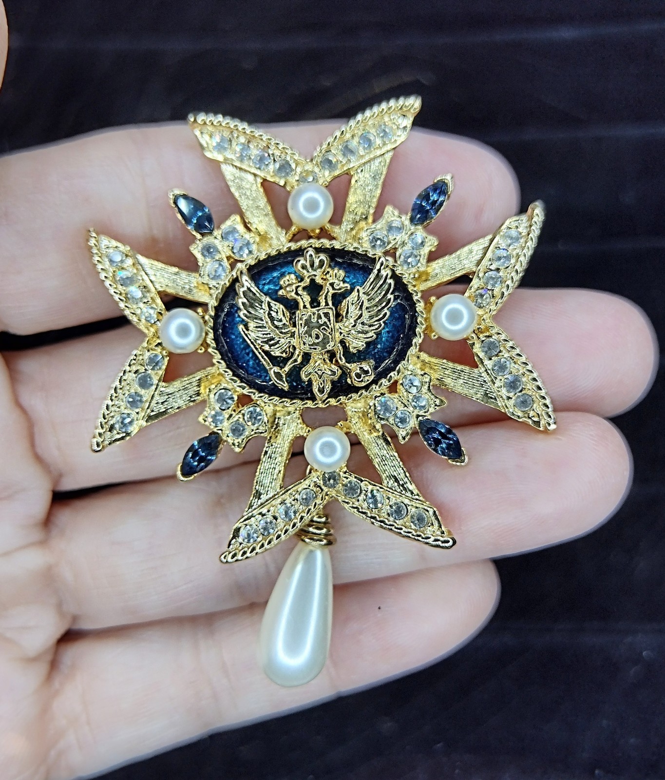 Vtg Russian Maltese Cross Brooch Pin Pendant Blue Enamel Rhinestone Faux Pearl