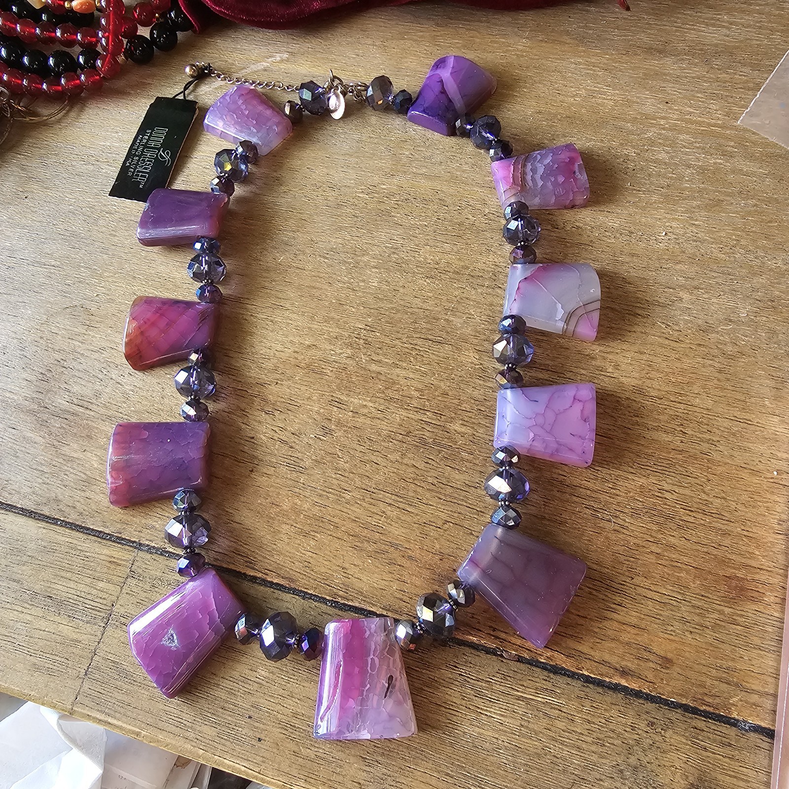 Donna Dressler Statement Necklace Sterling Silver 925 Pink Agate Stone Heavy 21″