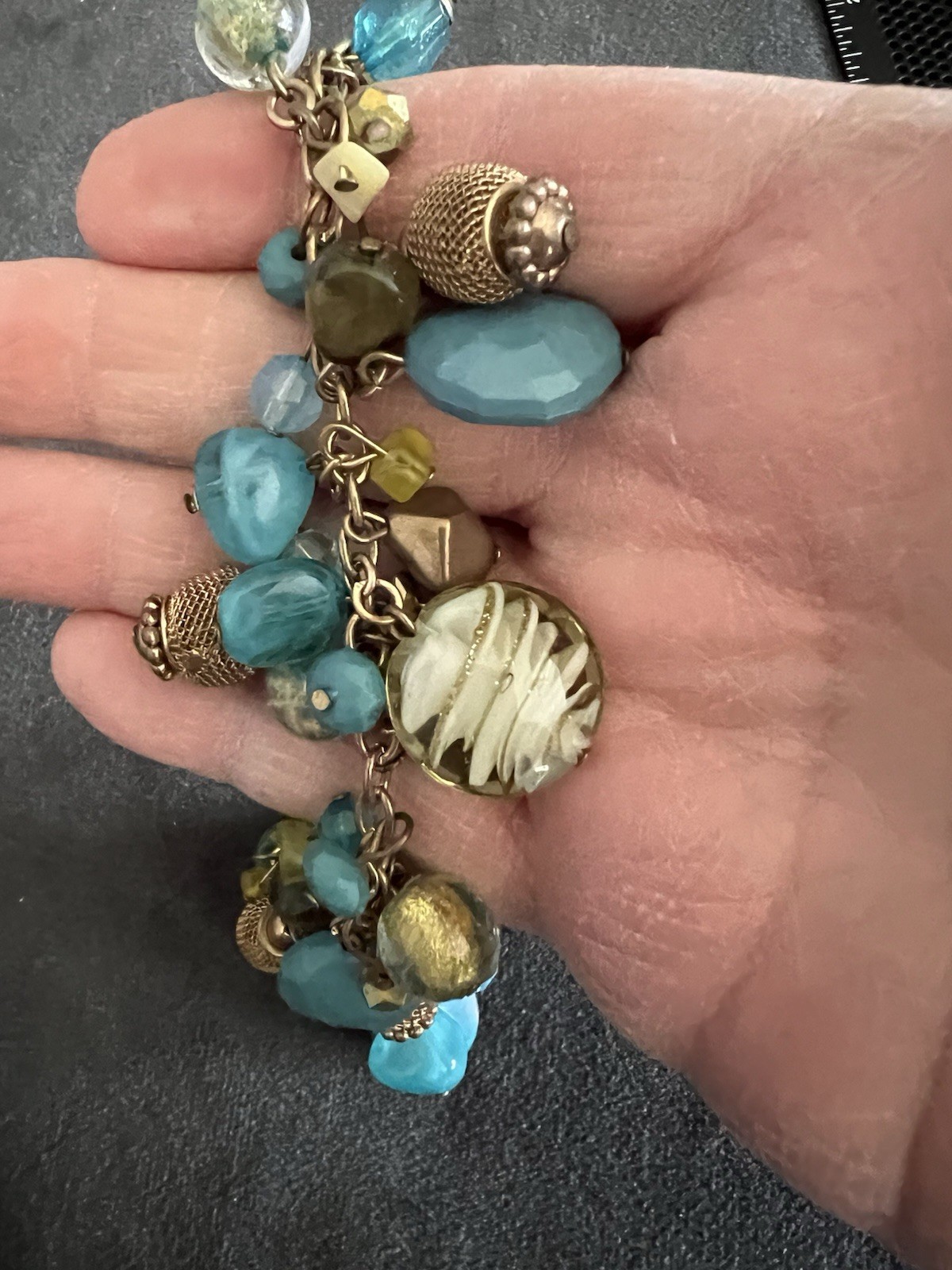 Multicolor Beaded Charm Necklace Turquoise Green Bronze 16”
