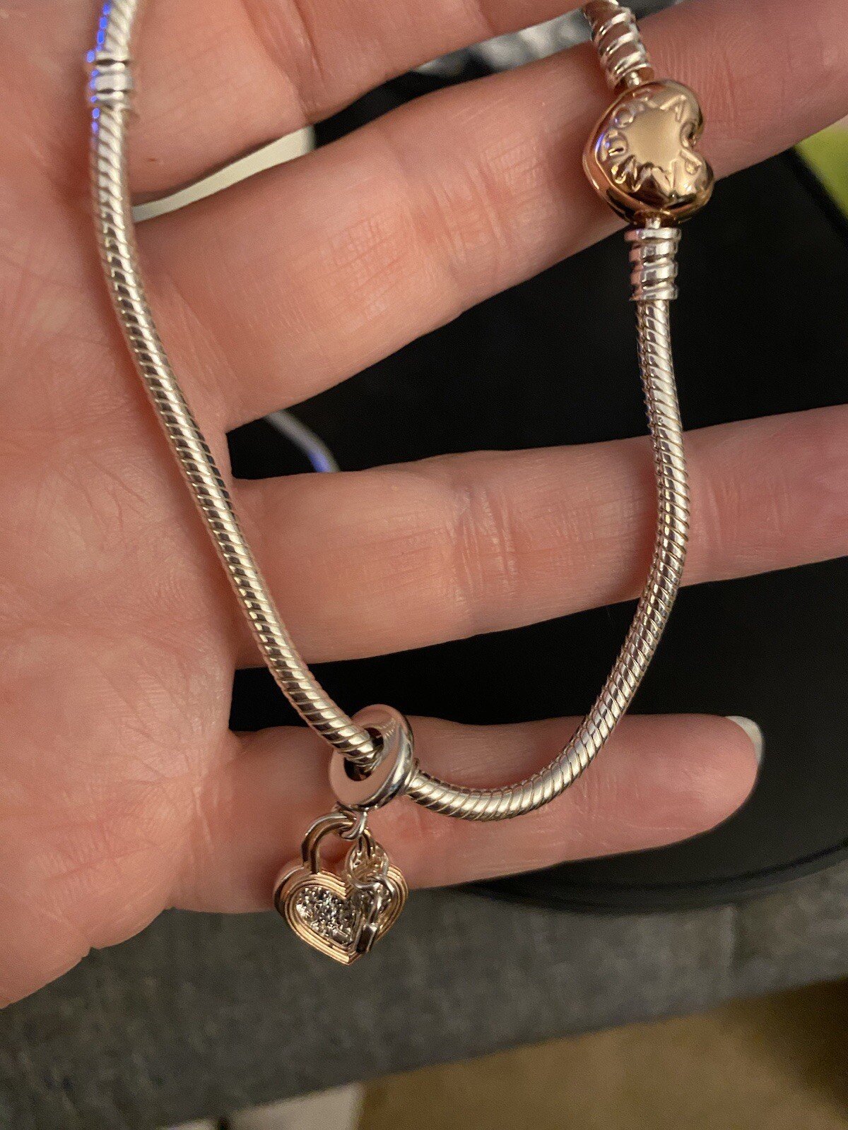Pandora Silver Bracelet with Rose Heart Clasp size 23-9.1”Free Charm