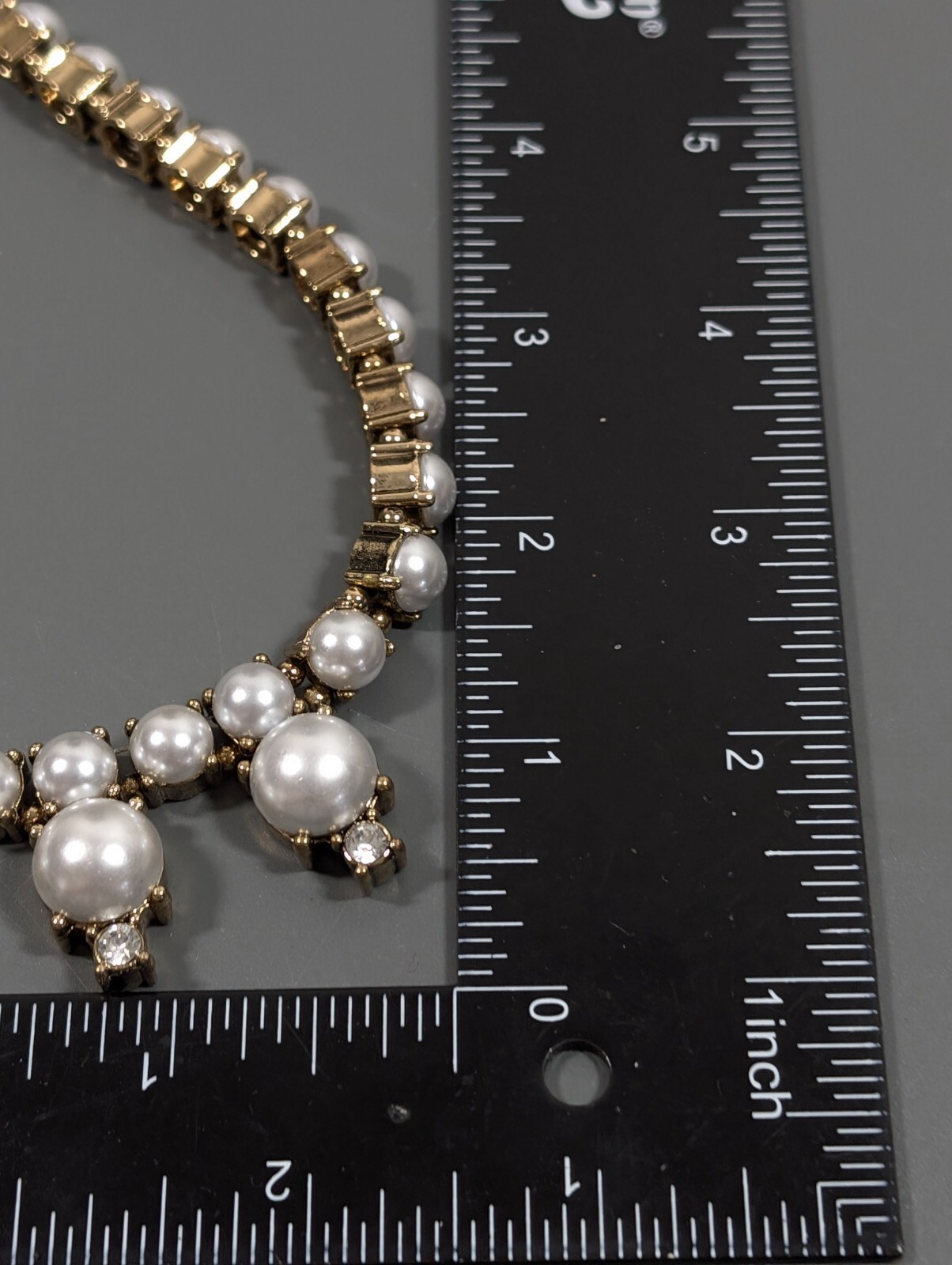 Gold Tone White Faux Pearl Rhinestone Tennis Statement Neckalce Bridal 17 in