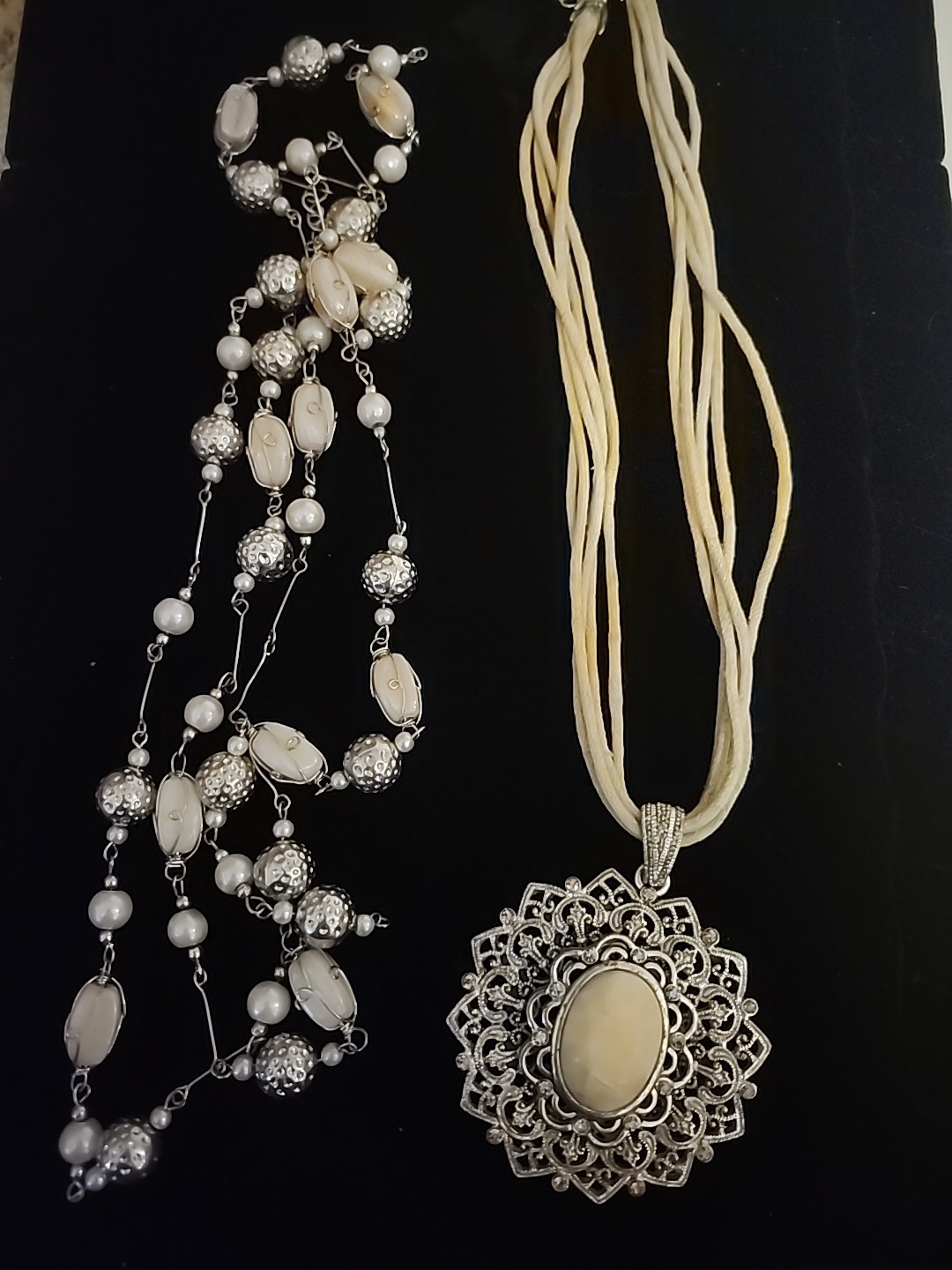 Cream and Silver Tone NecklaceJewelry Set LOT of 2