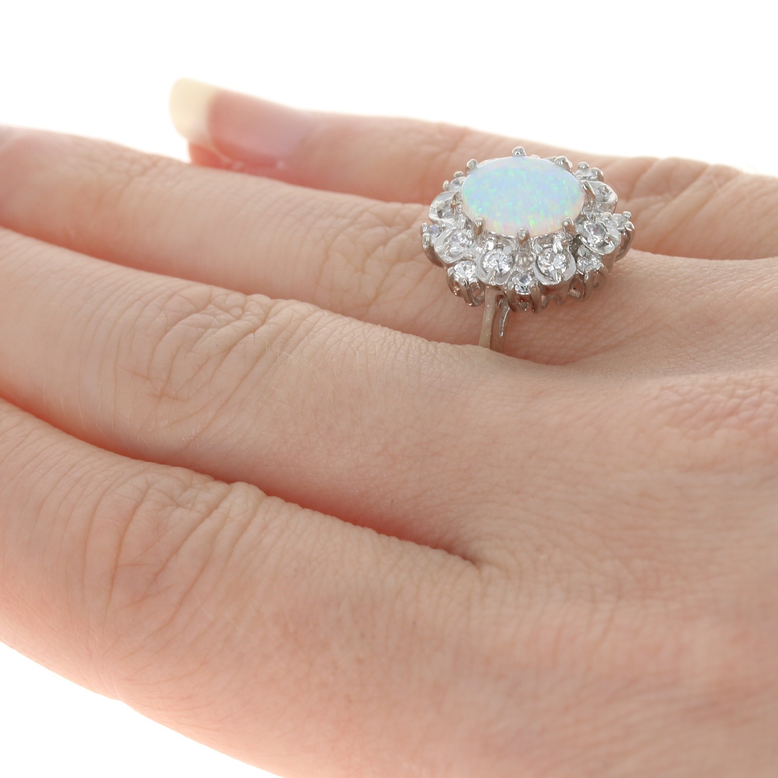 Sterling Synthetic Opal & Cubic Zirconia Floral Halo Ring -925 Oval 1.70ctw Sz 7