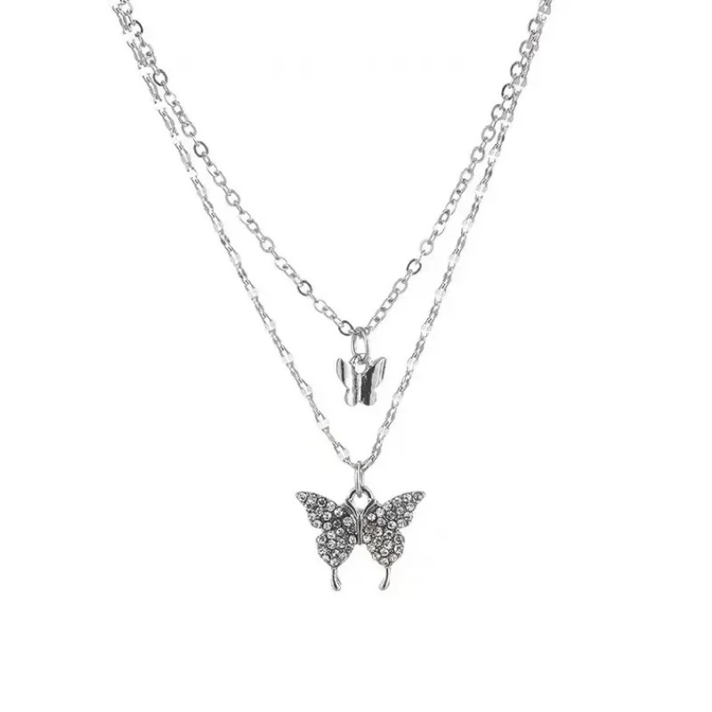 New Shiny Silver Colour Butterfly Necklace Ladies Exquisite Double Layer Clavicl