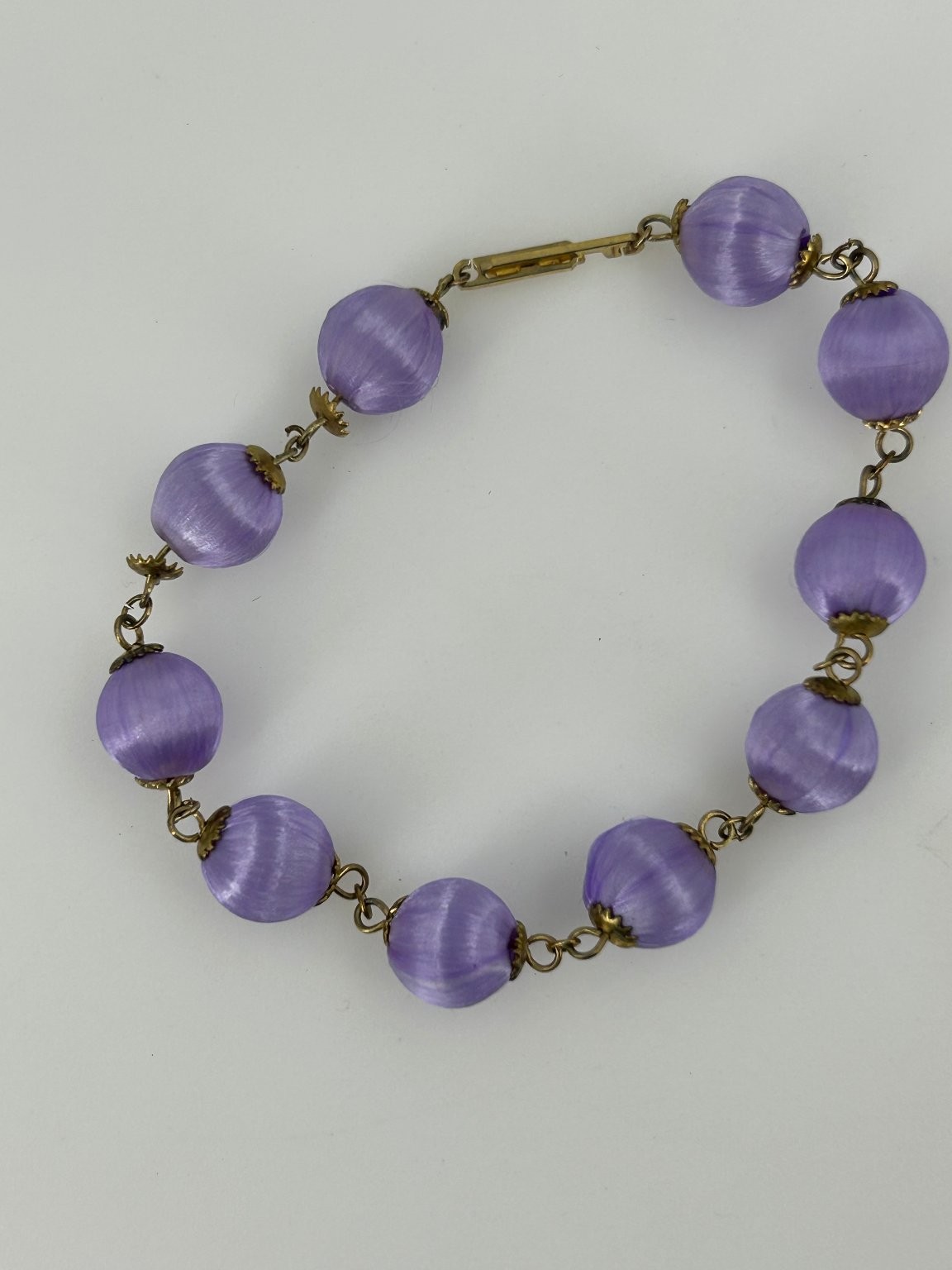 Vintage Purple Satin Ball Bracelet Gold Tone Links