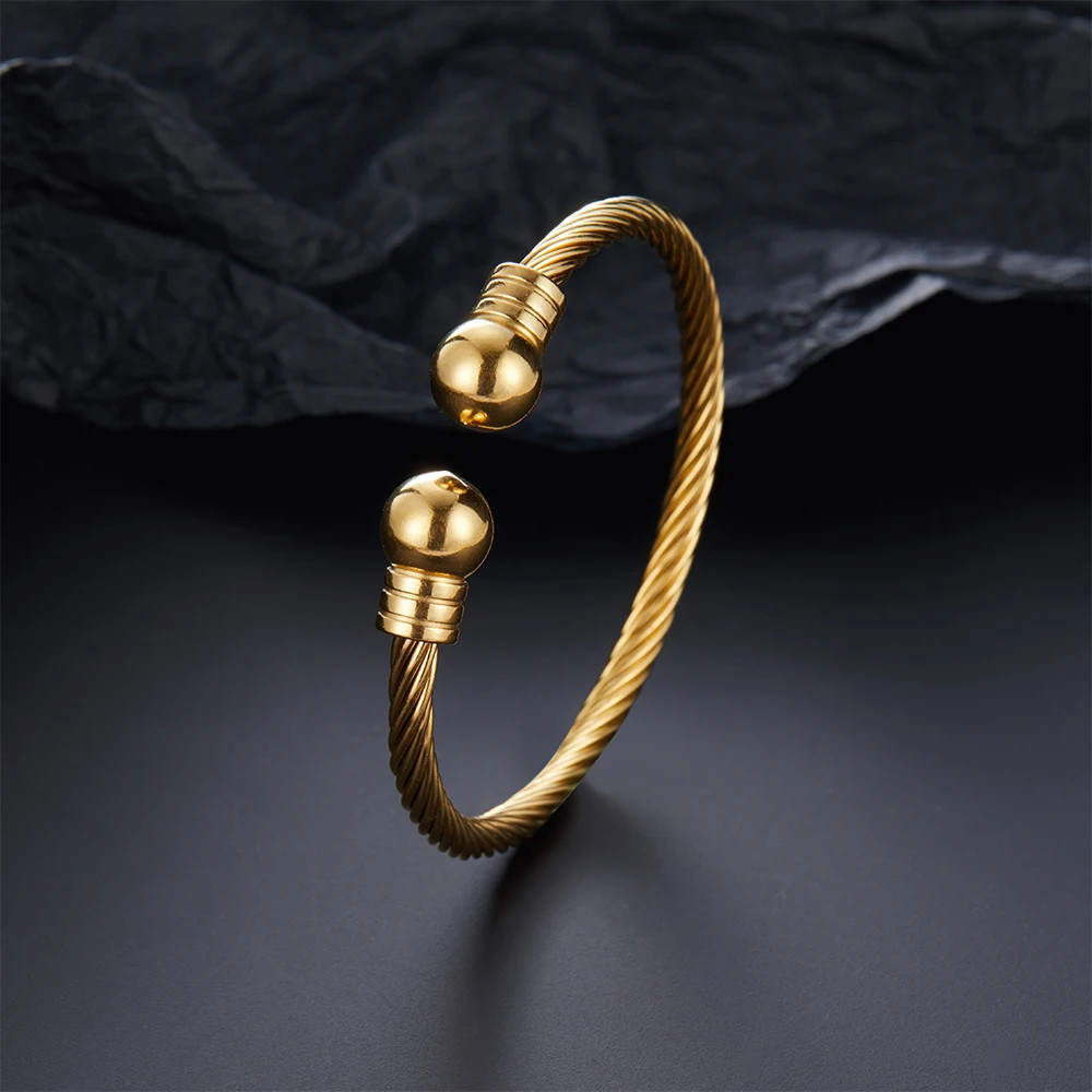 Unisex Stainless Steel Braided Open Cuff Bracelet Gold Silver Ball