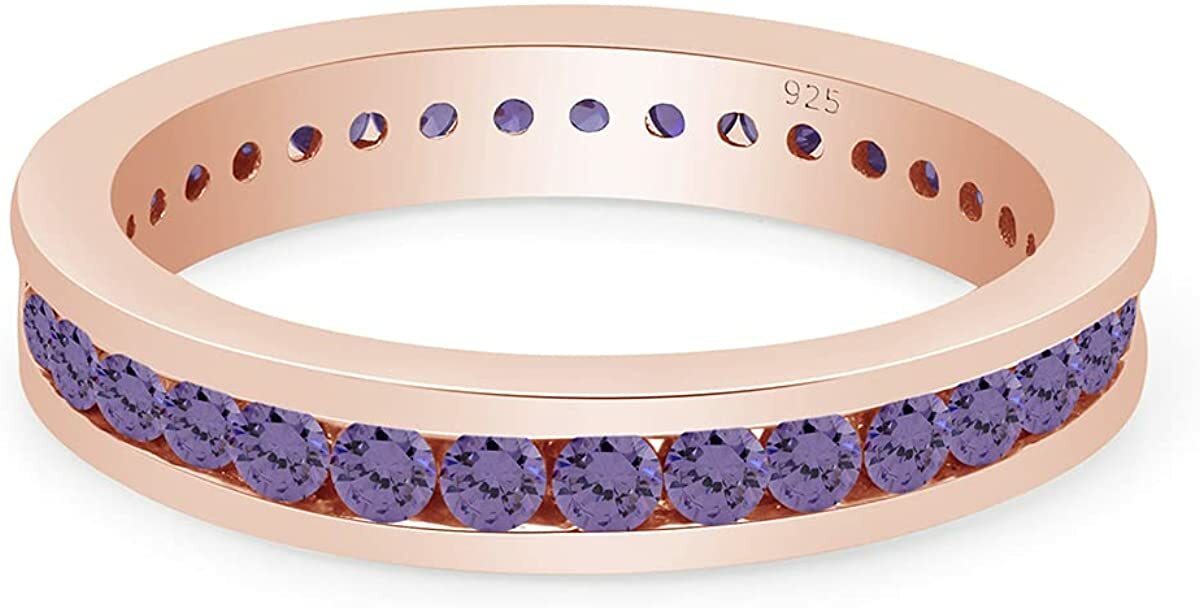 Round Cut Simulated Alexandrite Full Eternity Band Ring 14K Gold Plated Silver
