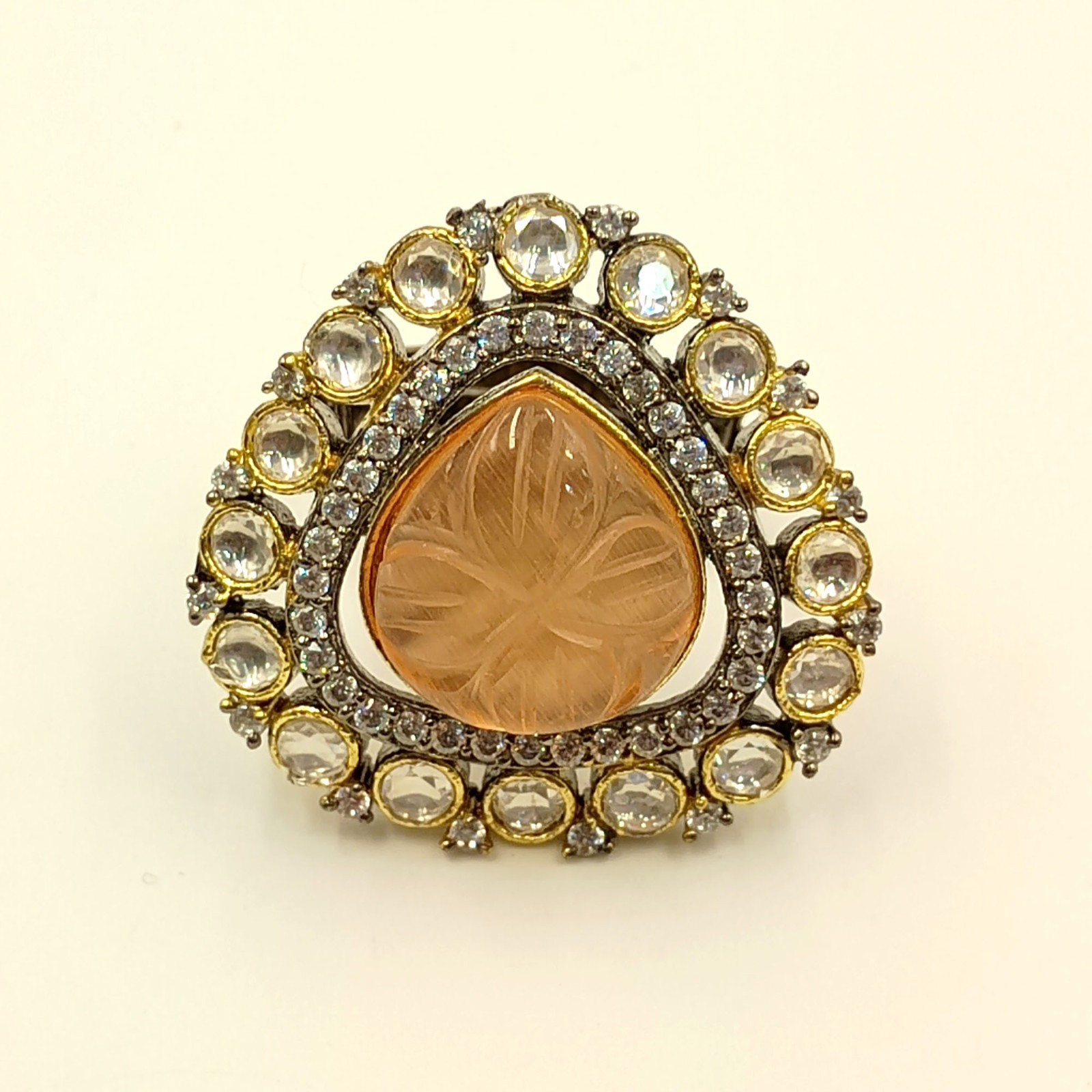 Artisan Rose Quartz Ring Cubic Zirconia Black Rhodium Plated Statement Jewelry