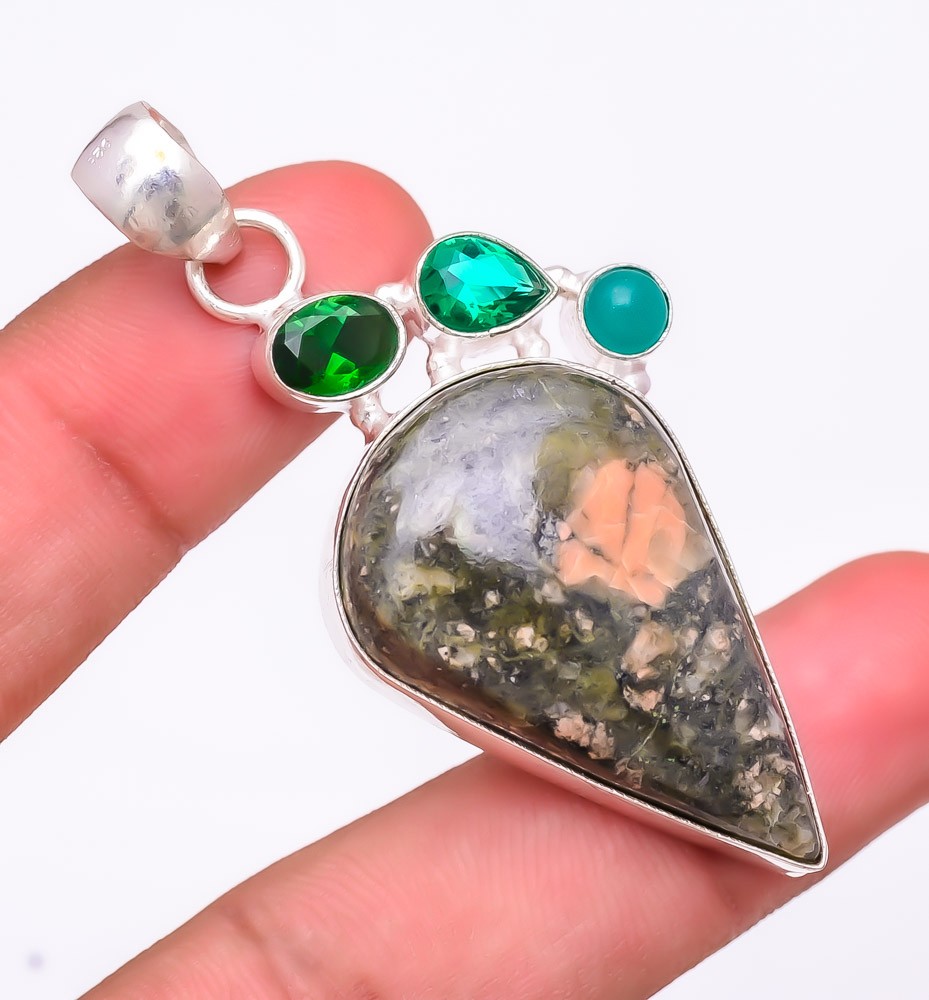 Natural Unakite & Tsavorite 925 Silver Plated Jewelry Pendant 2.4″ F303706