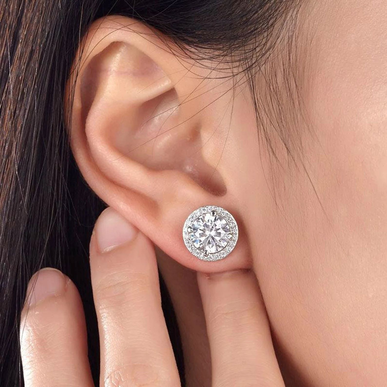 925 Sterling Silver Round Shaped CZ HALO STUD EARRINGS For Women