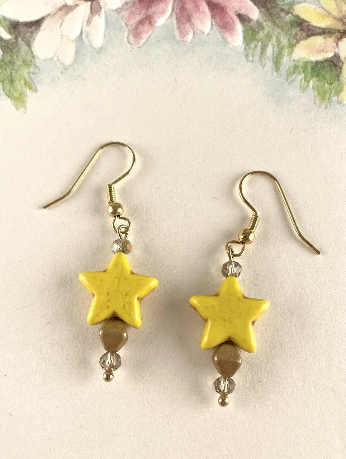 Gold Yellow Star Crystal Earrings Women’s Handmade Artisan Boho Chic Jewelry