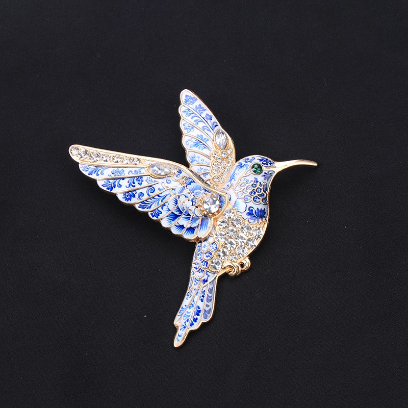 Blue White Porcelain Floral Hummingbird Brooch Crystal Enamel Bird Lapel Pin