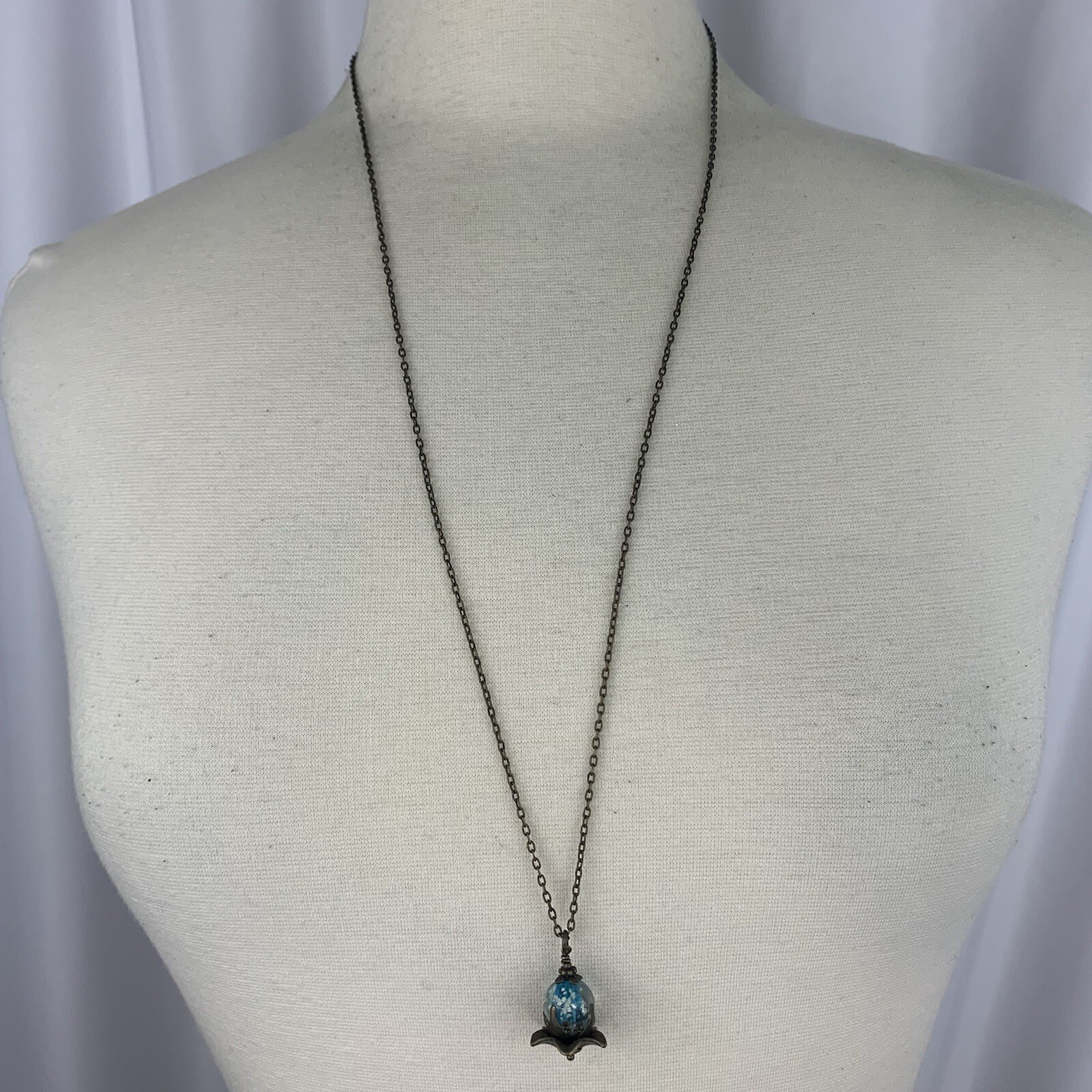 Long Boho Pendant Necklace Brass Tone Blue White Cloud Sky Look Glass Bead 30″