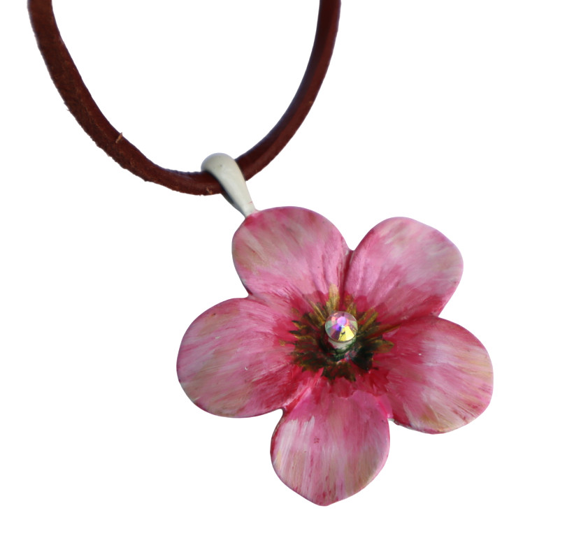 Handmade Large Flower Pendant Leather Necklace Painted Floral Bohemian Jewelry
