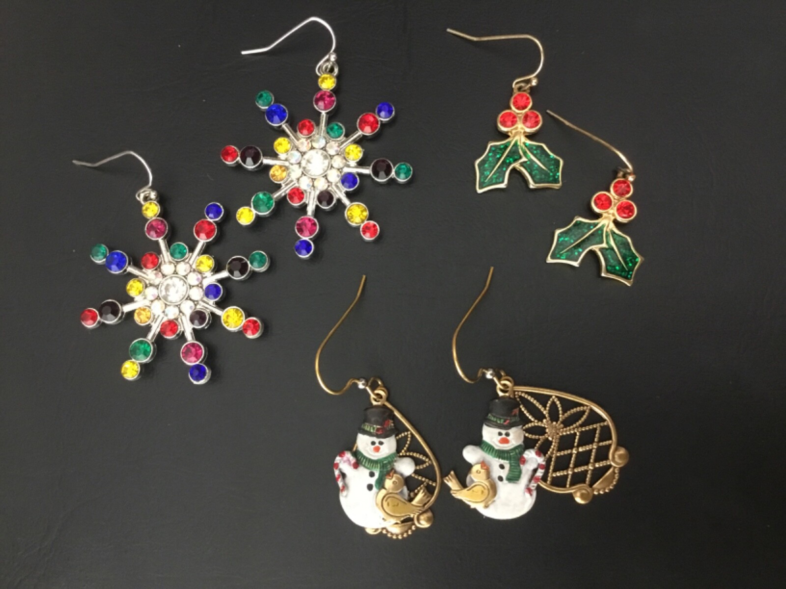 Christmas Earring Lot Multicolor Rhinestone Snowflake Holly & Berries Snowman